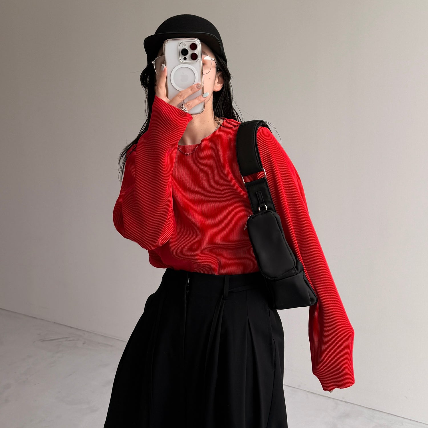 daily daily super stretch pleats tops / red [プチハイ or クルーネック]