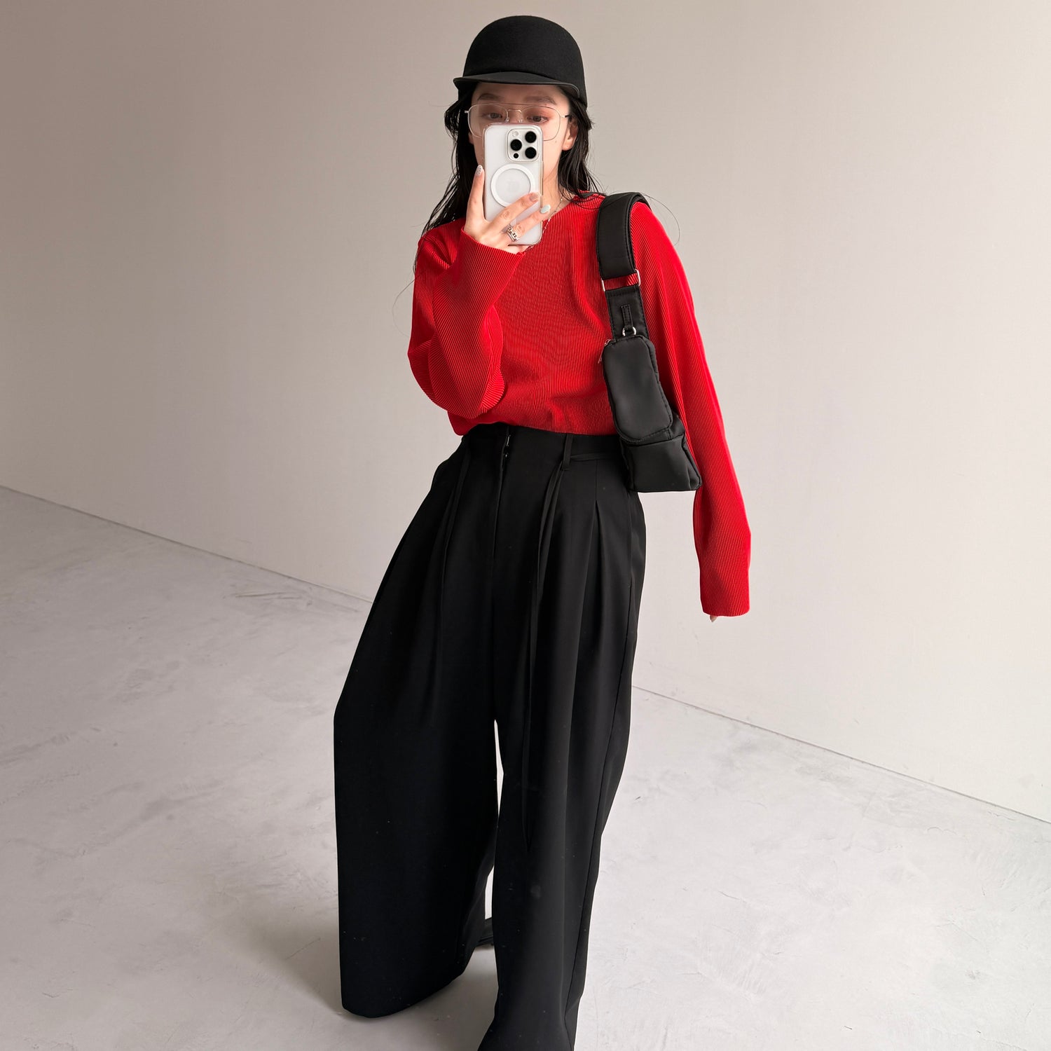 daily daily super stretch pleats tops / red [プチハイ or クルーネック]