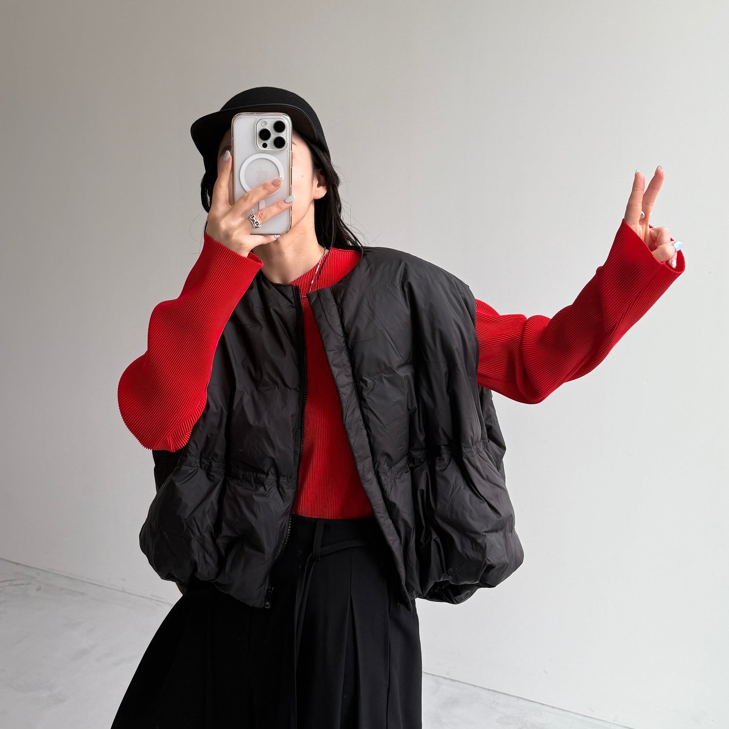 daily daily super stretch pleats tops / red [プチハイ or クルーネック]