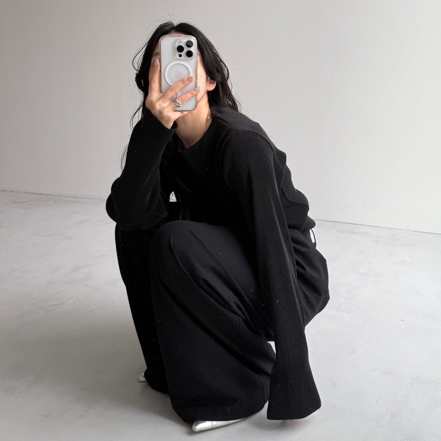 daily daily super stretch pleats tops / black [プチハイ or クルーネック]