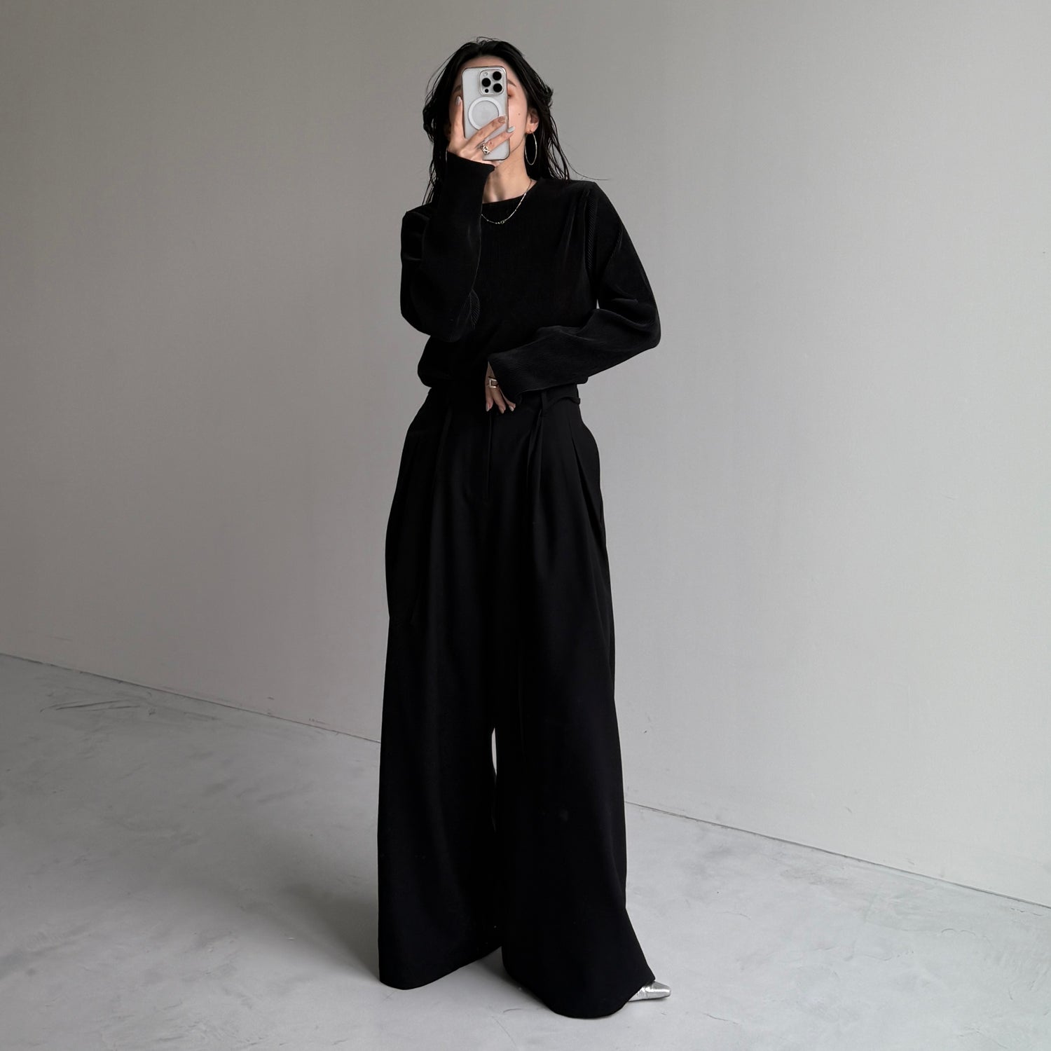 daily daily super stretch pleats tops / black [プチハイ or クルーネック]