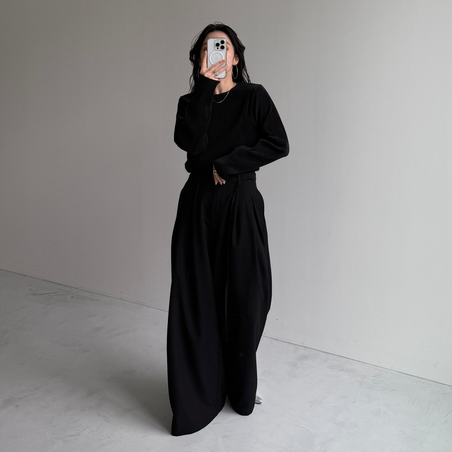 daily daily super stretch pleats tops / black [プチハイ or クルーネック]