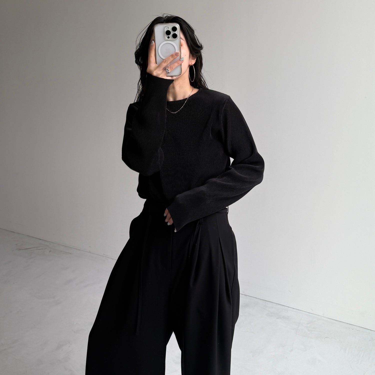 daily daily super stretch pleats tops / black [プチハイ or クルーネック]