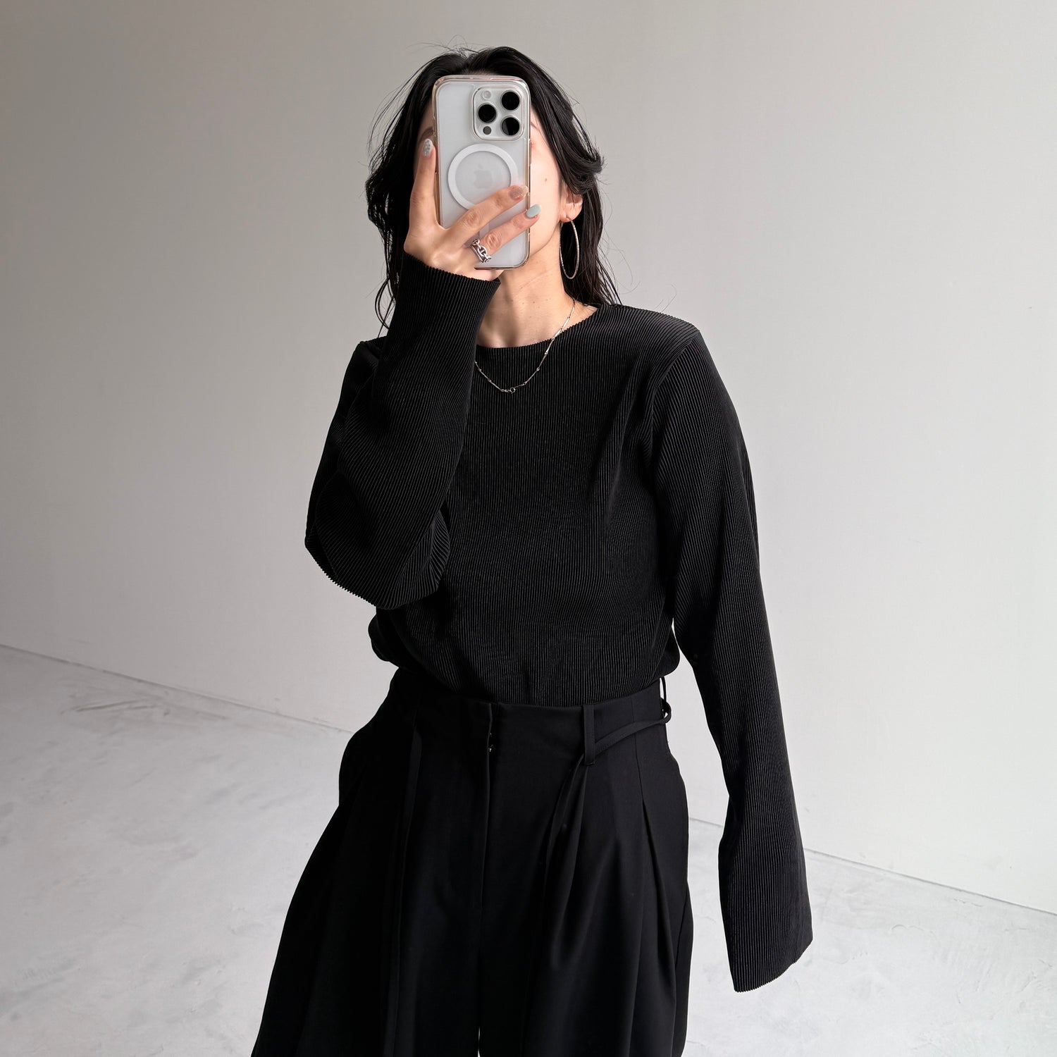 daily daily super stretch pleats tops / black [プチハイ or クルーネック]