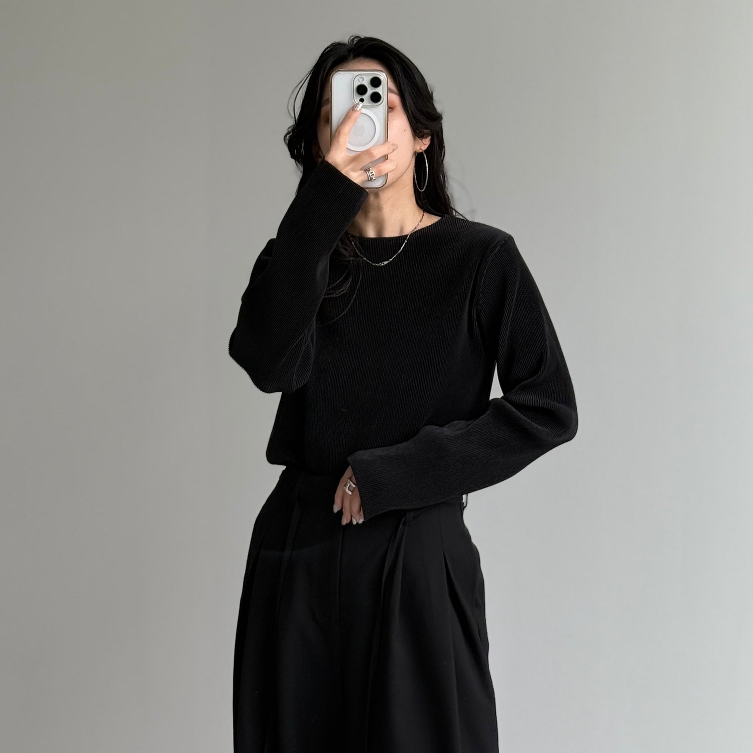 daily daily super stretch pleats tops / black [プチハイ or クルーネック]