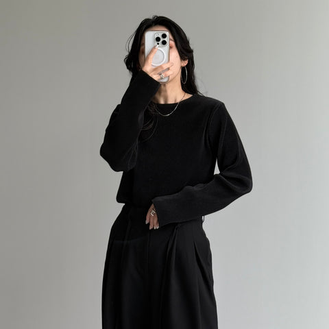 daily daily super stretch pleats tops / black [プチハイ or クルーネック]