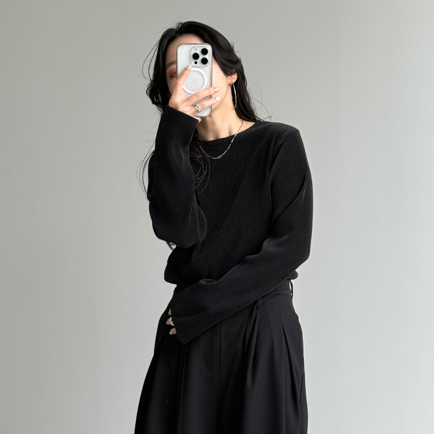 daily daily super stretch pleats tops / black [プチハイ or クルーネック]
