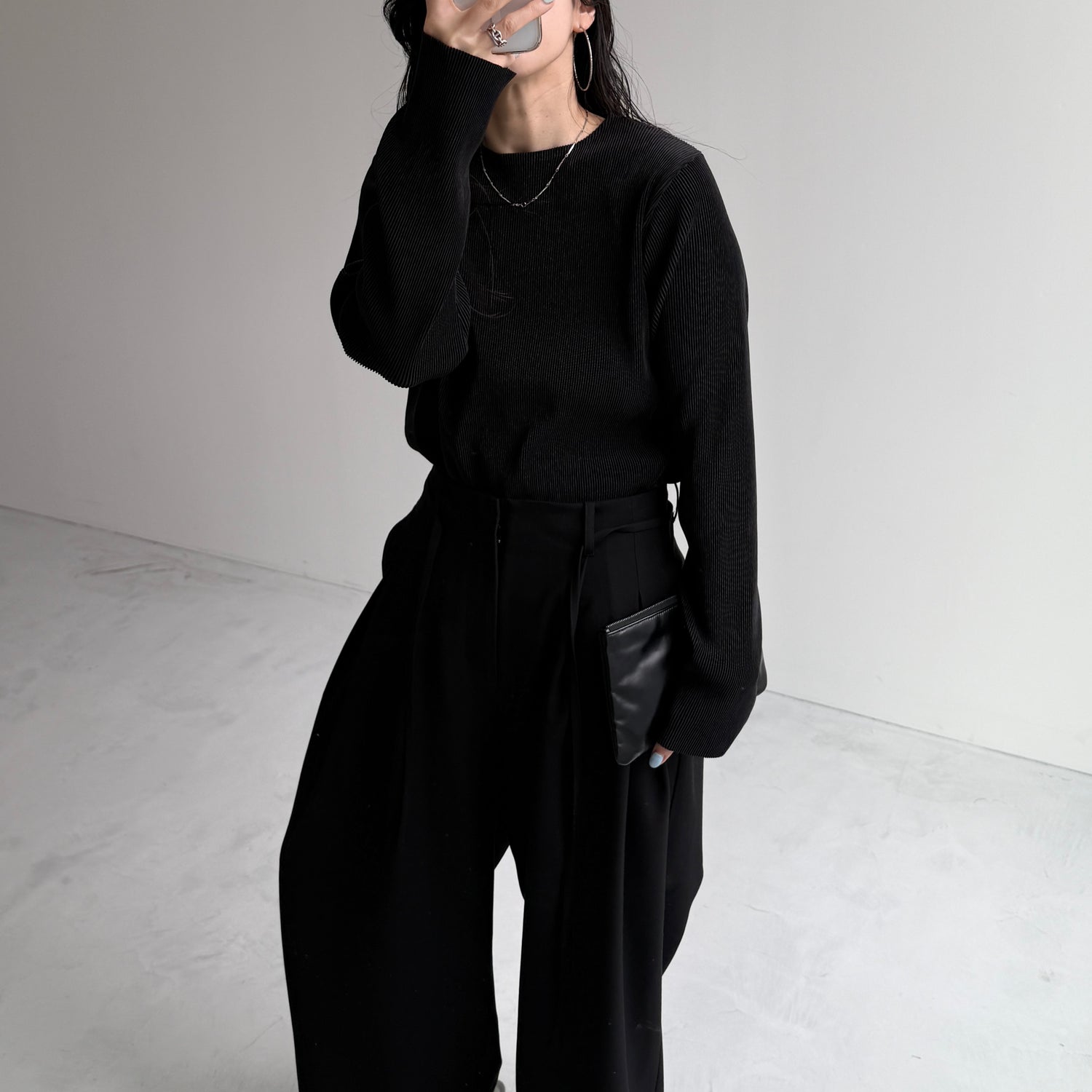 daily daily super stretch pleats tops / black [プチハイ or クルーネック]