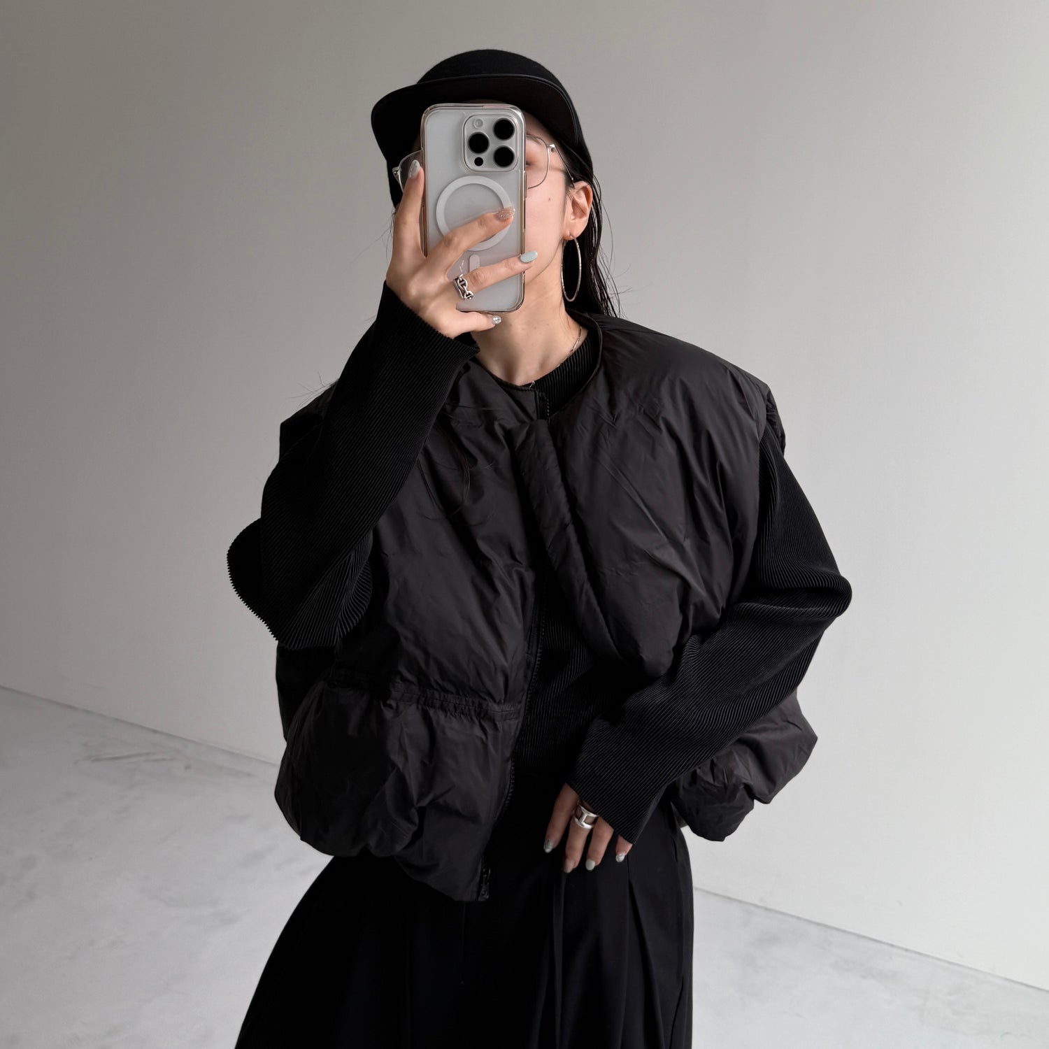 daily daily super stretch pleats tops / black [プチハイ or クルーネック]