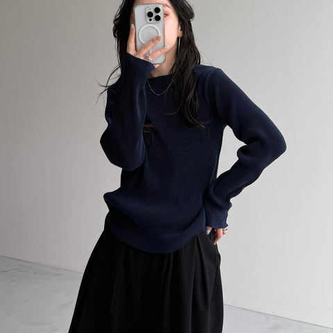daily daily super stretch pleats tops / navy [プチハイ or クルーネック]