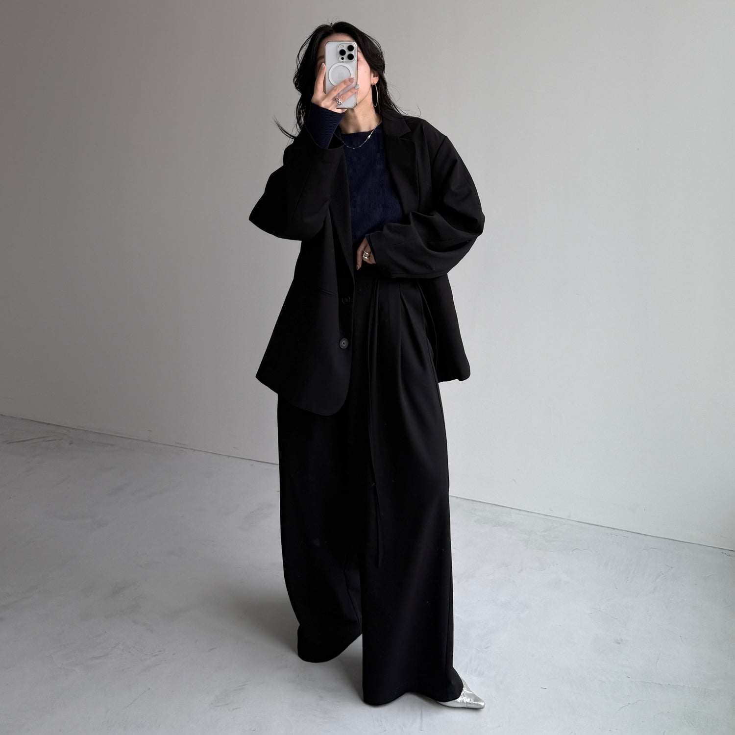 daily daily super stretch pleats tops / navy [プチハイ or クルーネック]