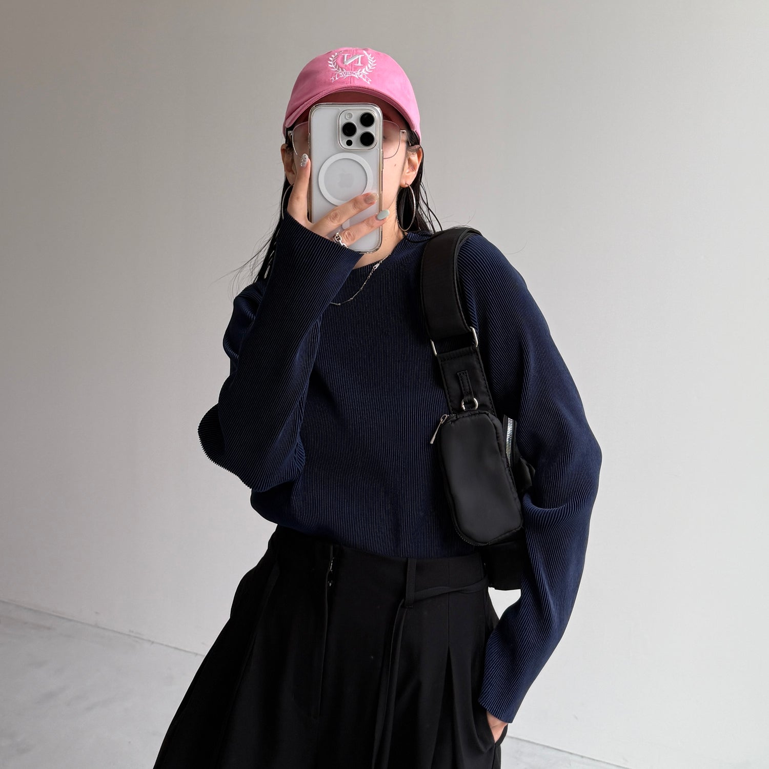 daily daily super stretch pleats tops / navy [プチハイ or クルーネック]