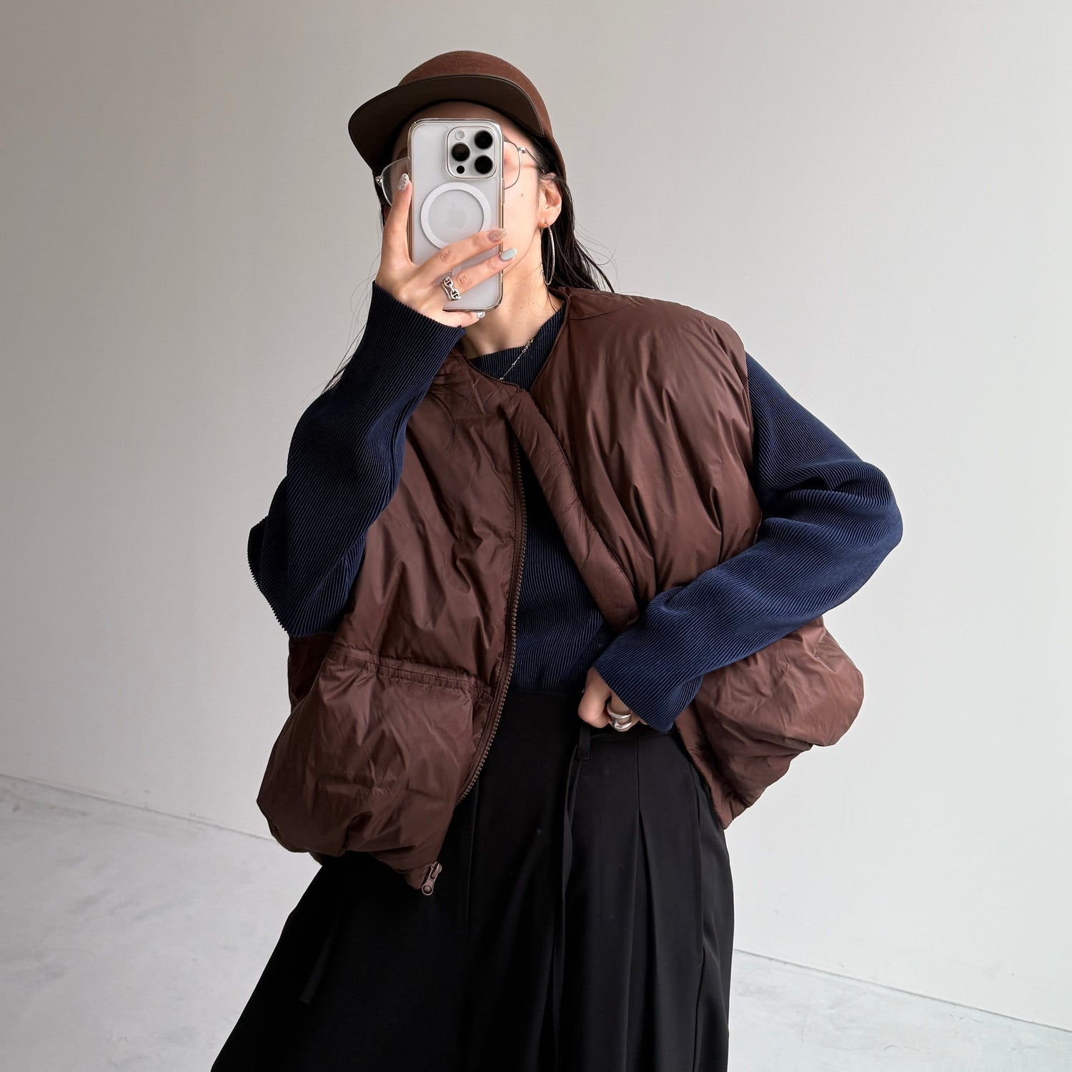 daily daily super stretch pleats tops / navy [プチハイ or クルーネック]