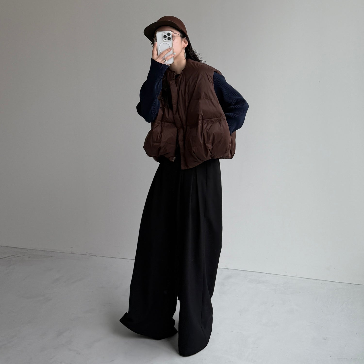 daily daily super stretch pleats tops / navy [プチハイ or クルーネック]