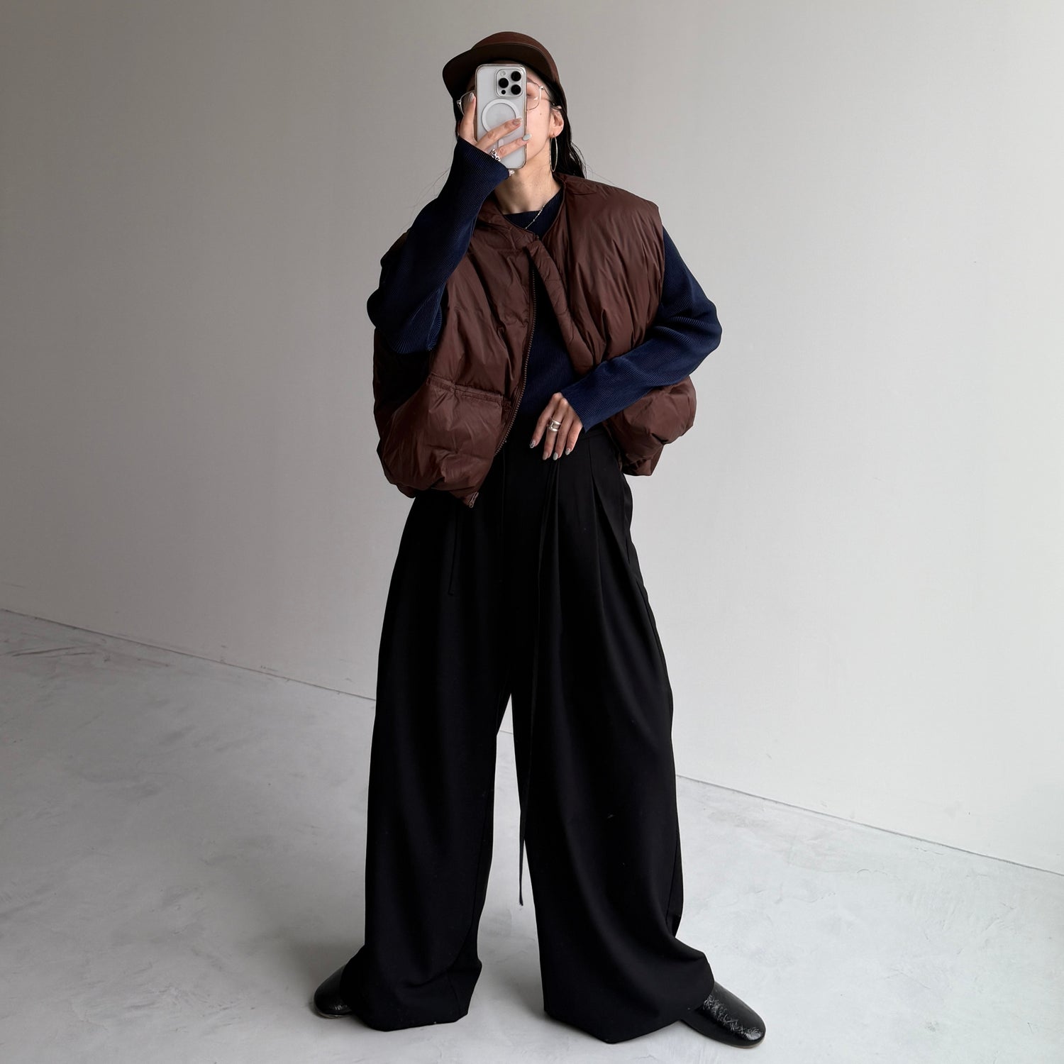 daily daily super stretch pleats tops / navy [プチハイ or クルーネック]