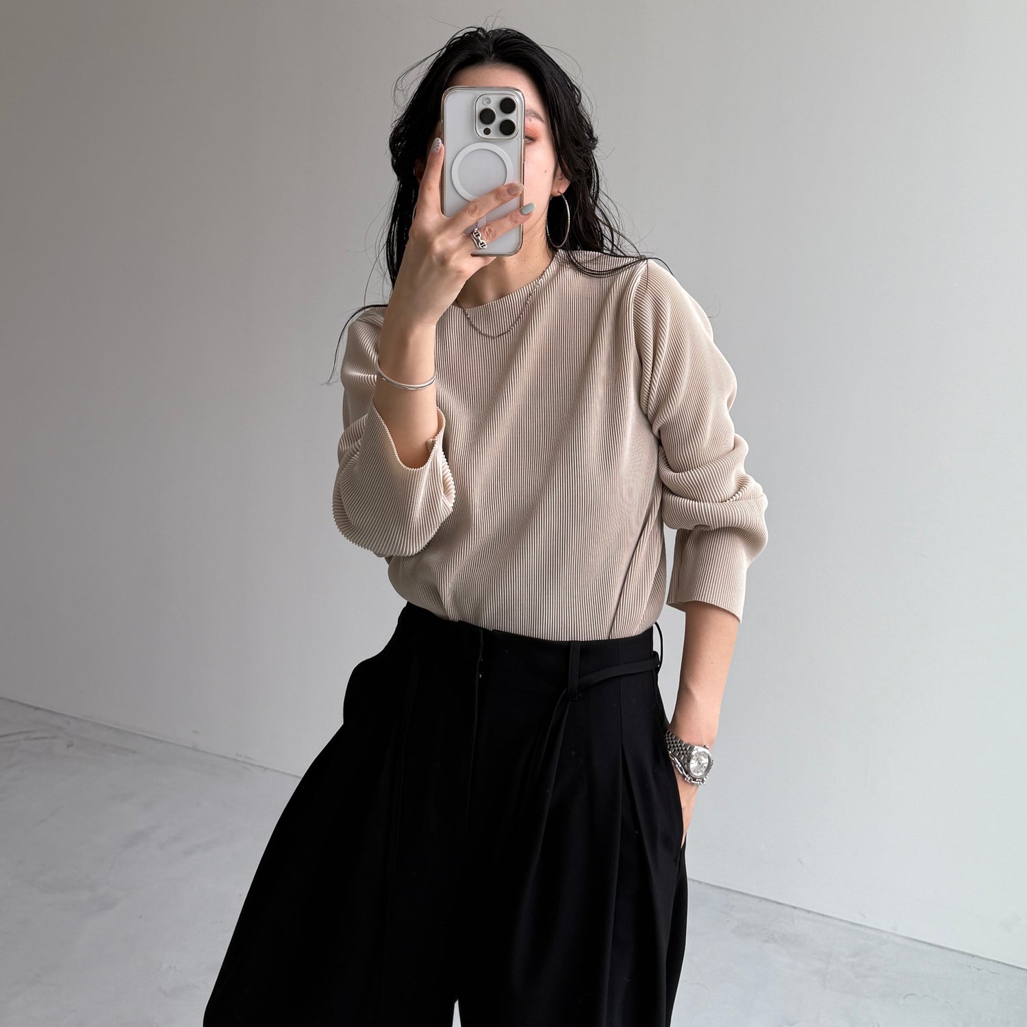 daily daily super stretch pleats tops / ivory [プチハイ or クルーネック]