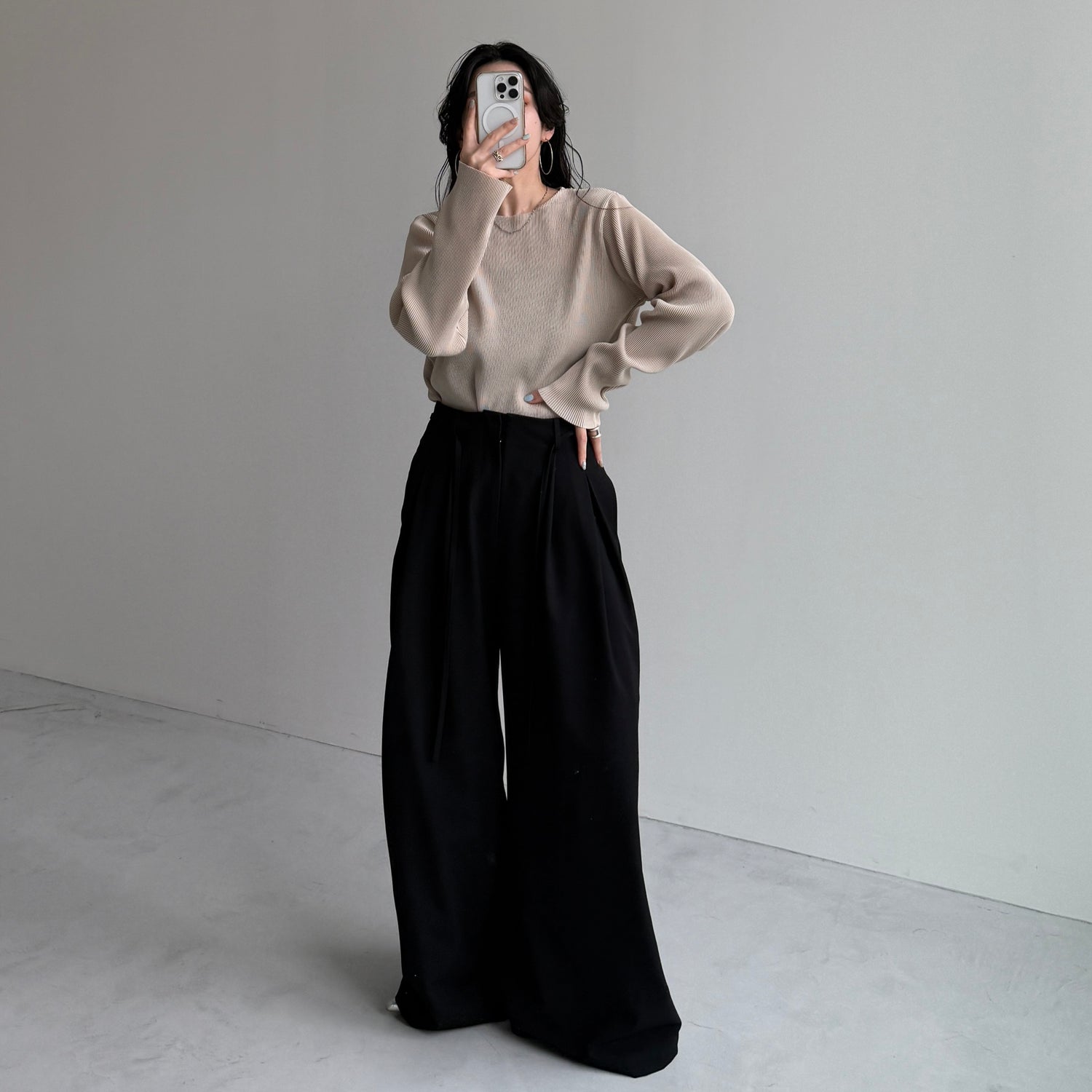 daily daily super stretch pleats tops / ivory [プチハイ or クルーネック]