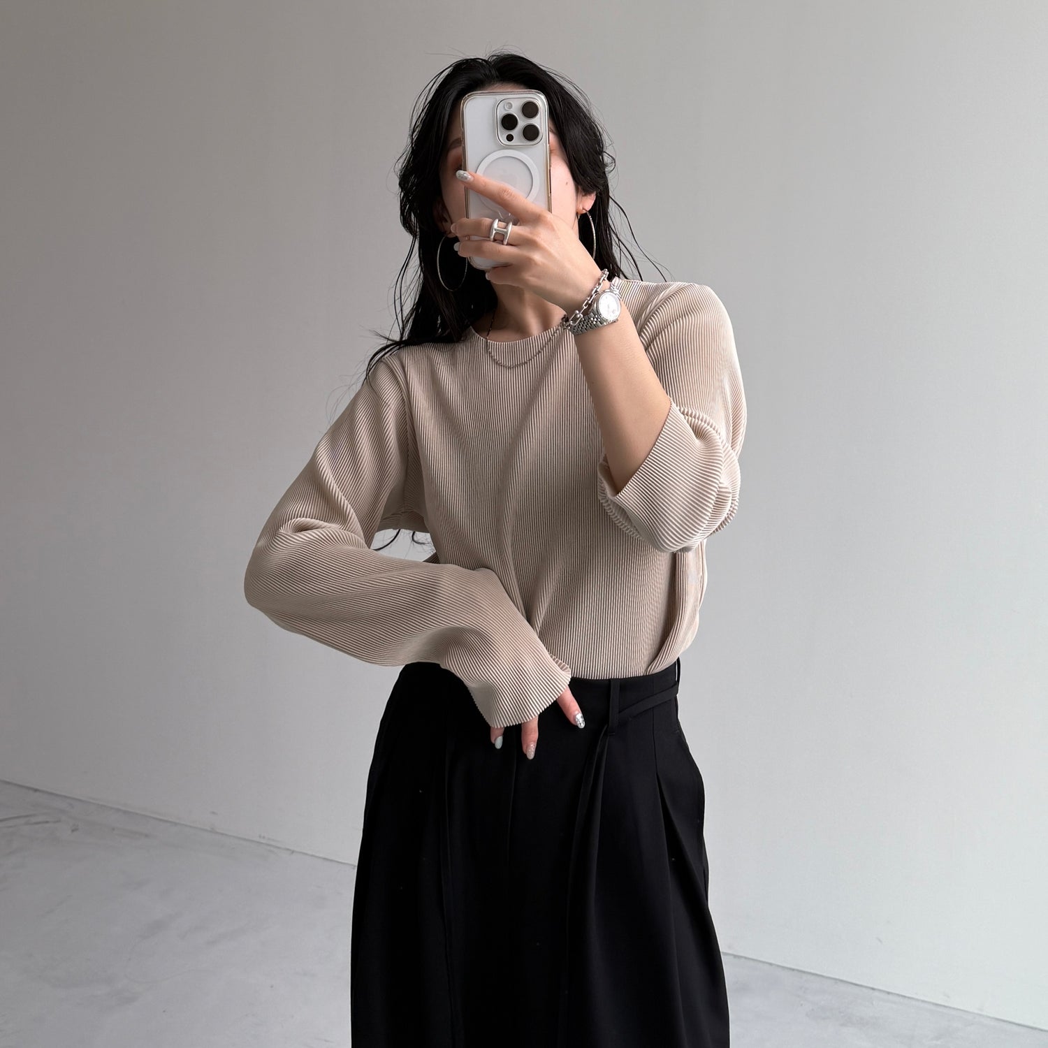 daily daily super stretch pleats tops / ivory [プチハイ or クルーネック]