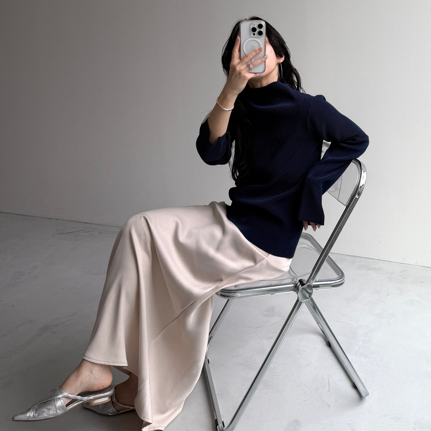 daily daily super stretch pleats tops / navy [プチハイ or クルーネック]
