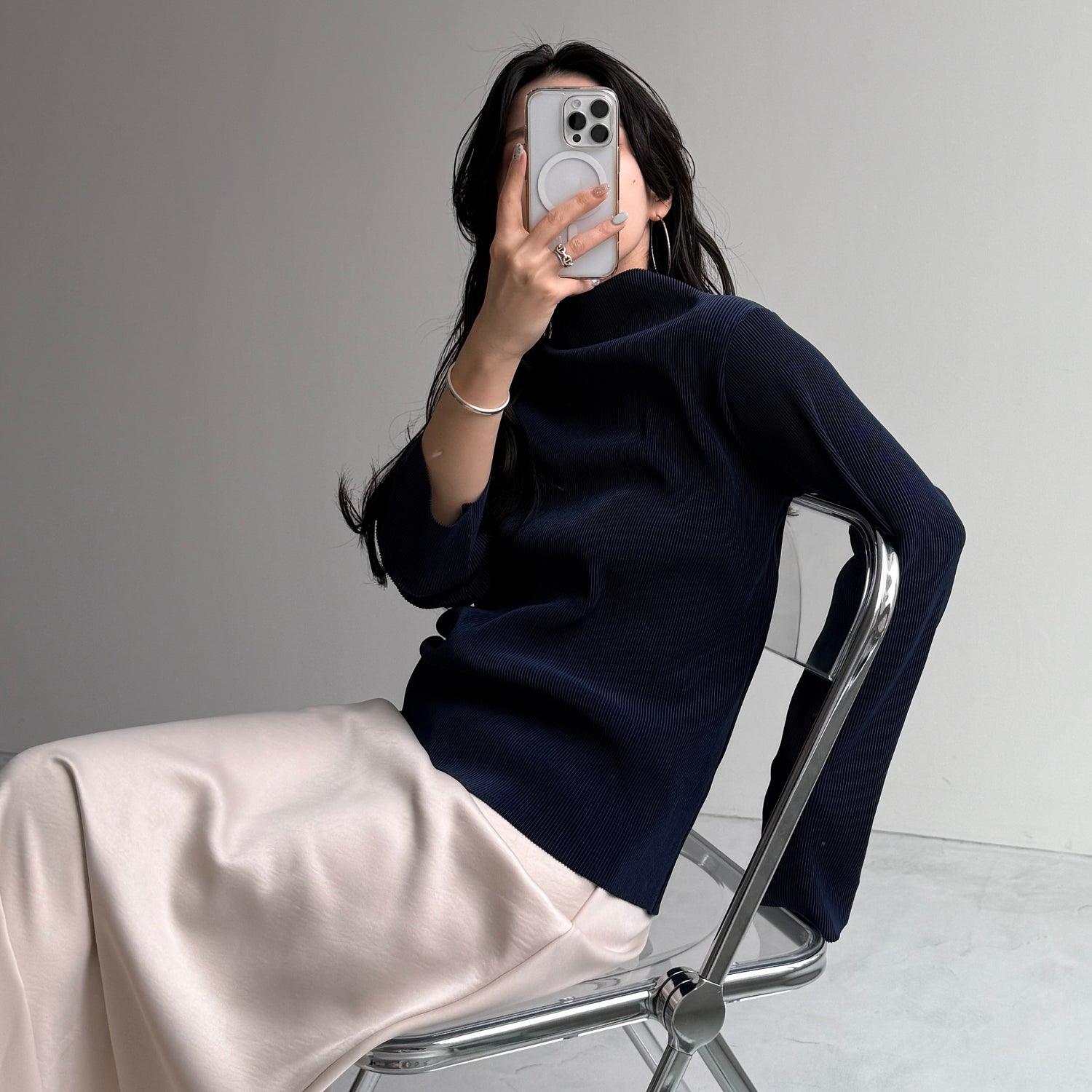 daily daily super stretch pleats tops / navy [プチハイ or クルーネック]