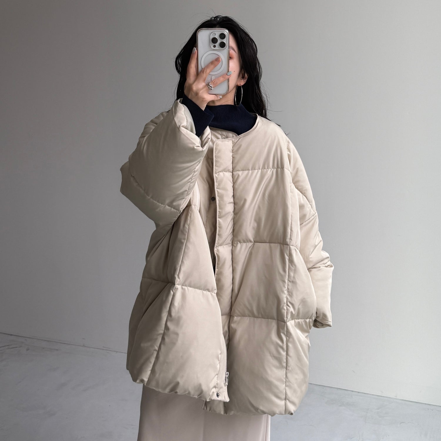 daily daily super stretch pleats tops / navy [プチハイ or クルーネック]
