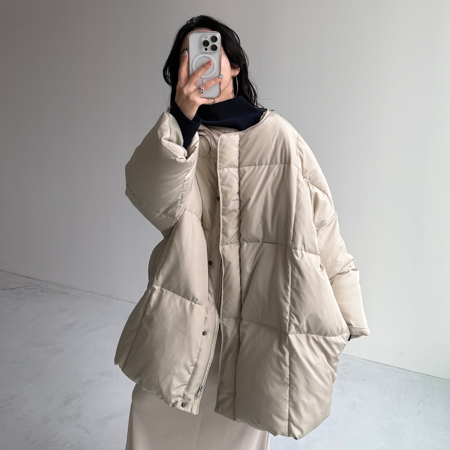 daily daily super stretch pleats tops / navy [プチハイ or クルーネック]