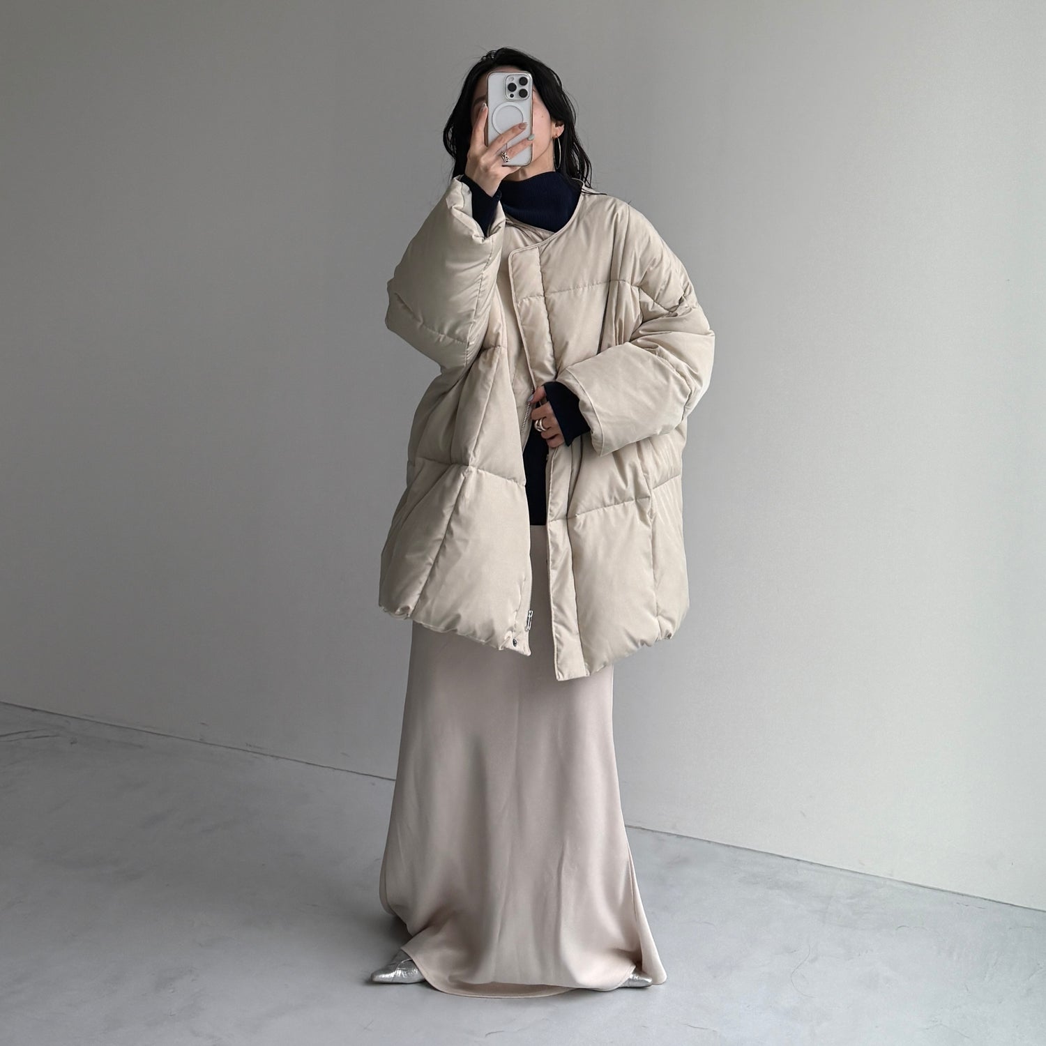 daily daily super stretch pleats tops / navy [プチハイ or クルーネック]