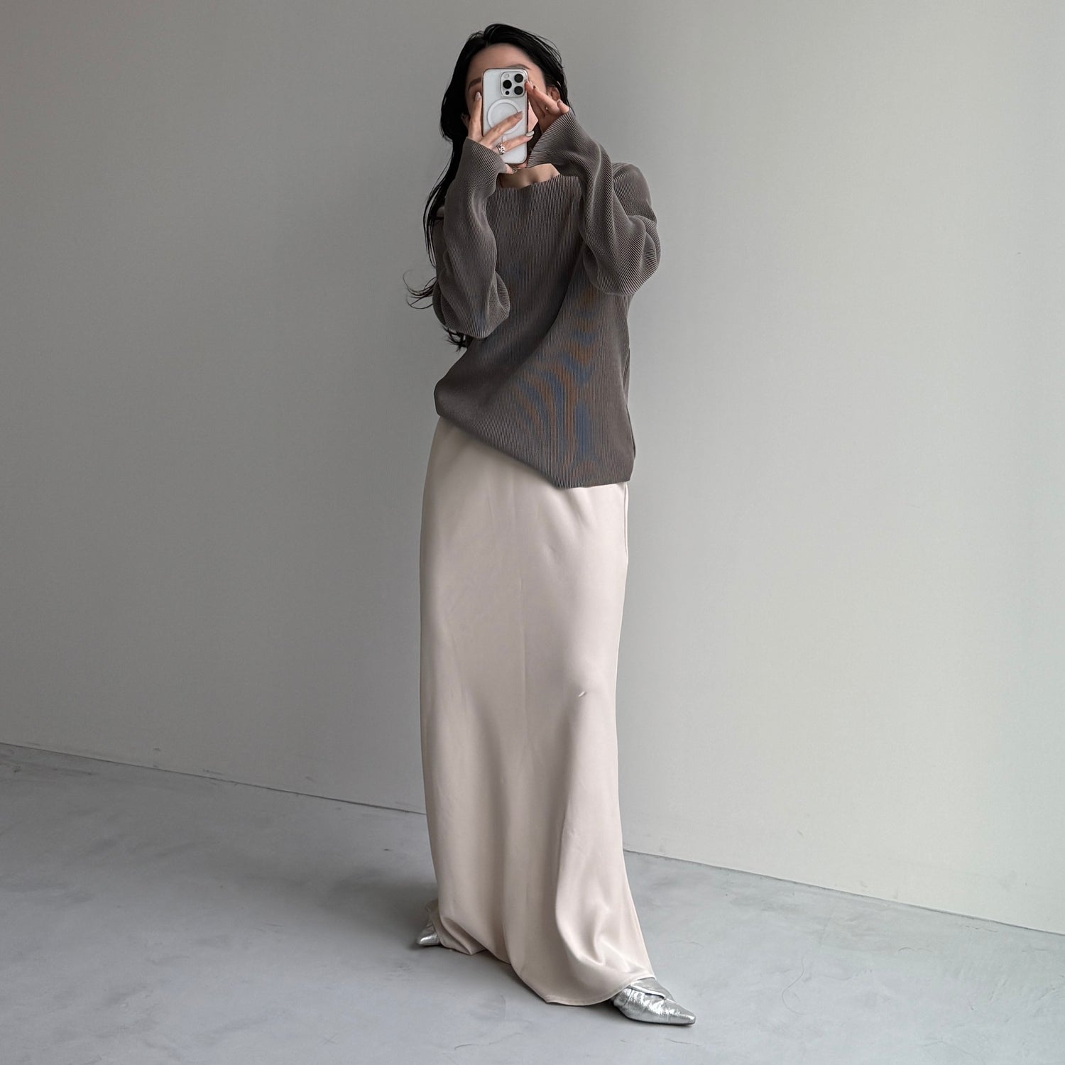 daily daily super stretch pleats tops / ash gray [プチハイ or クルーネック]