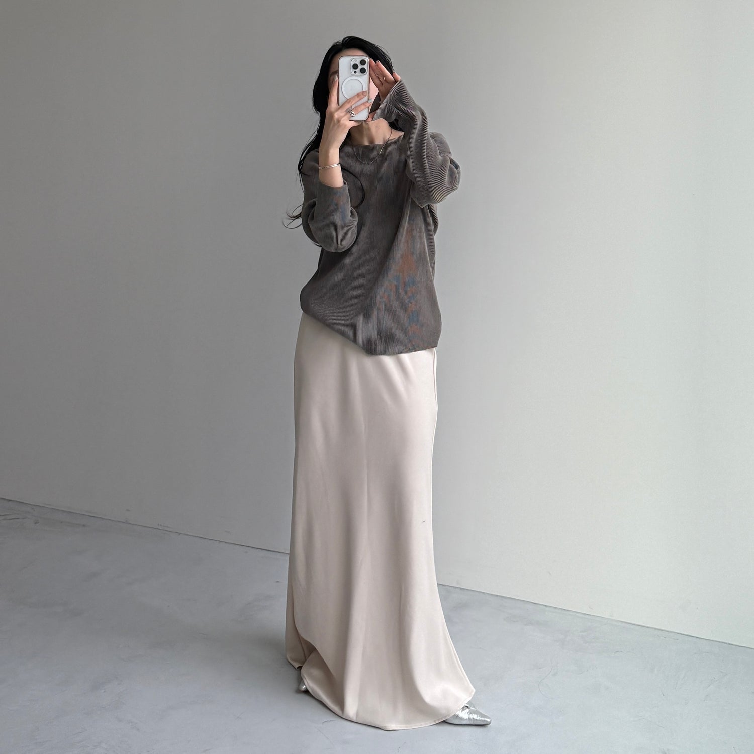 daily daily super stretch pleats tops / ash gray [プチハイ or クルーネック]