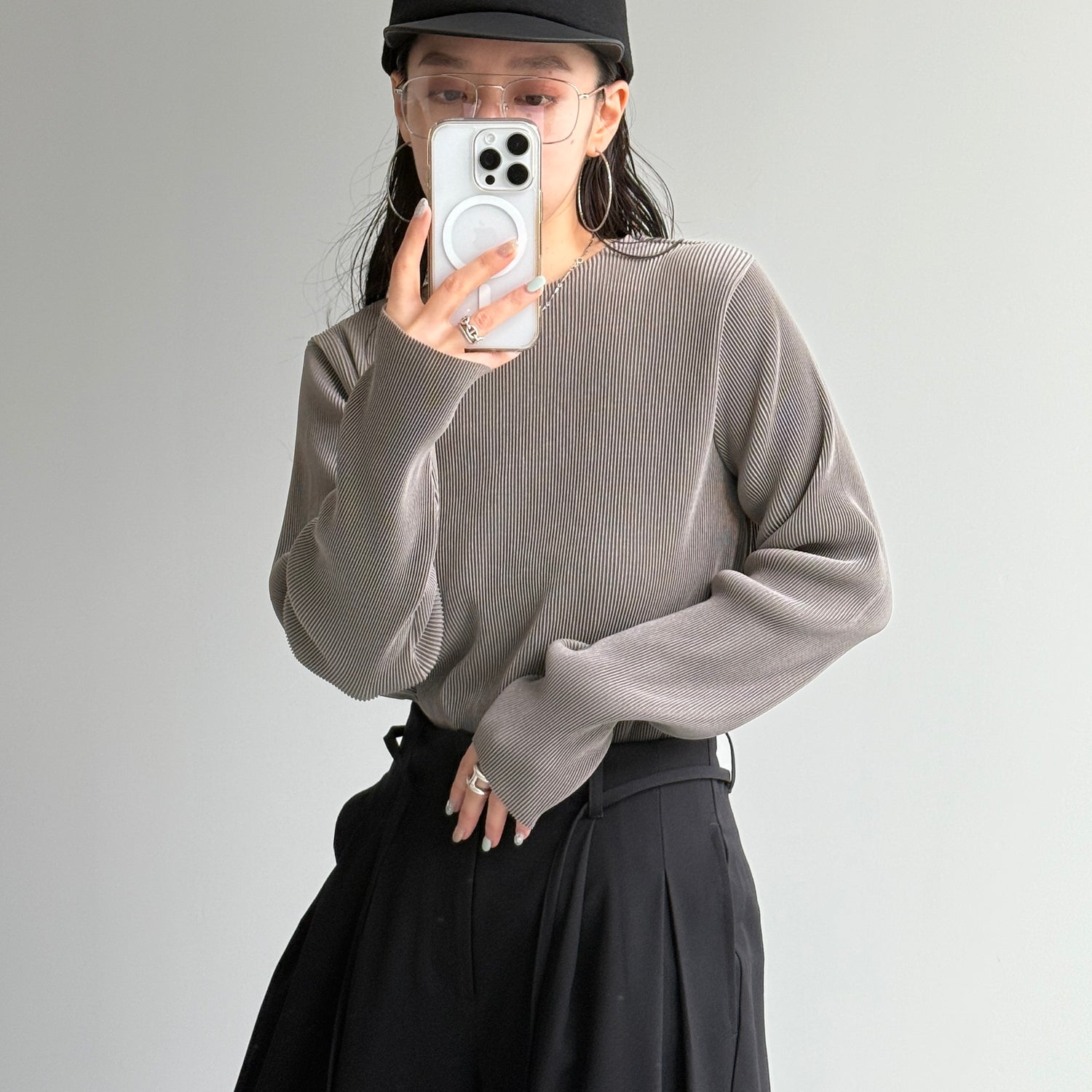 daily daily super stretch pleats tops / ash gray [プチハイ or クルーネック]