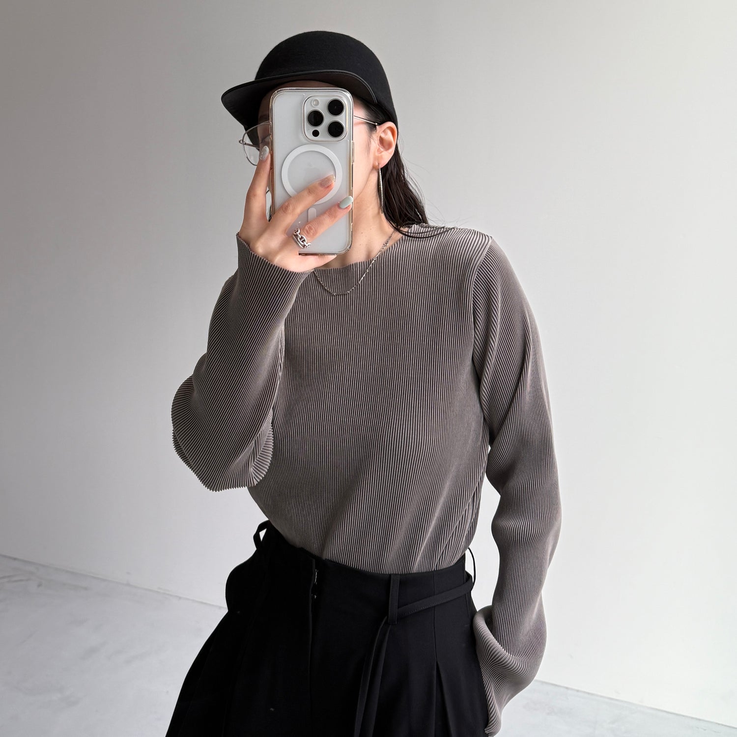 daily daily super stretch pleats tops / ash gray [プチハイ or クルーネック]