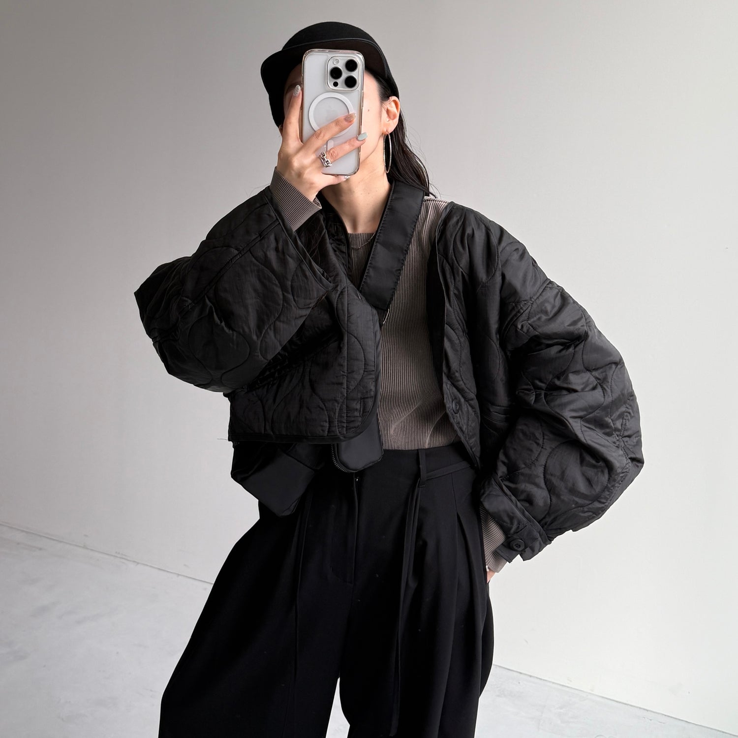 over size quilting liner jacket / black [SHORT or FREE]
