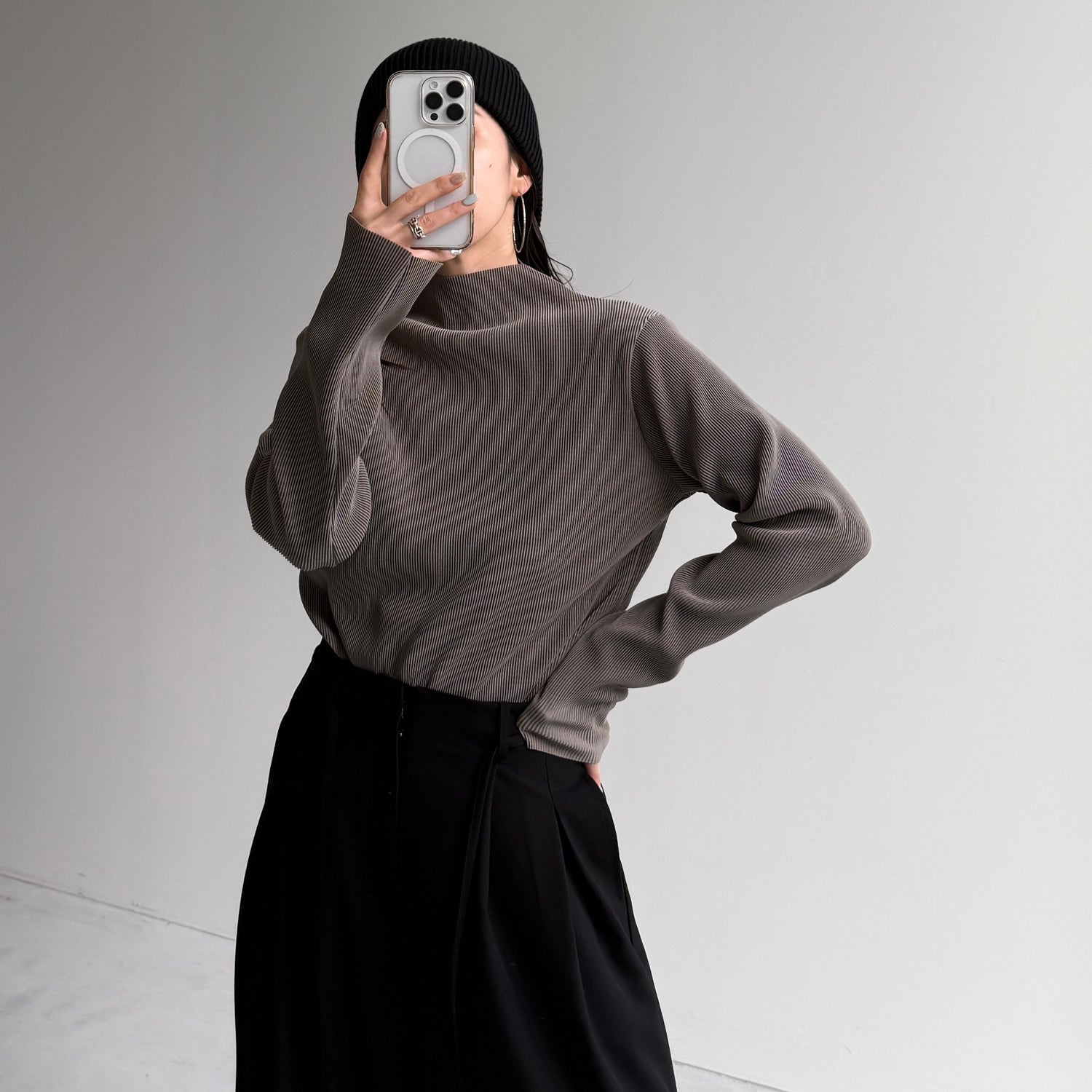 daily daily super stretch pleats tops / ash gray [プチハイ or クルーネック]