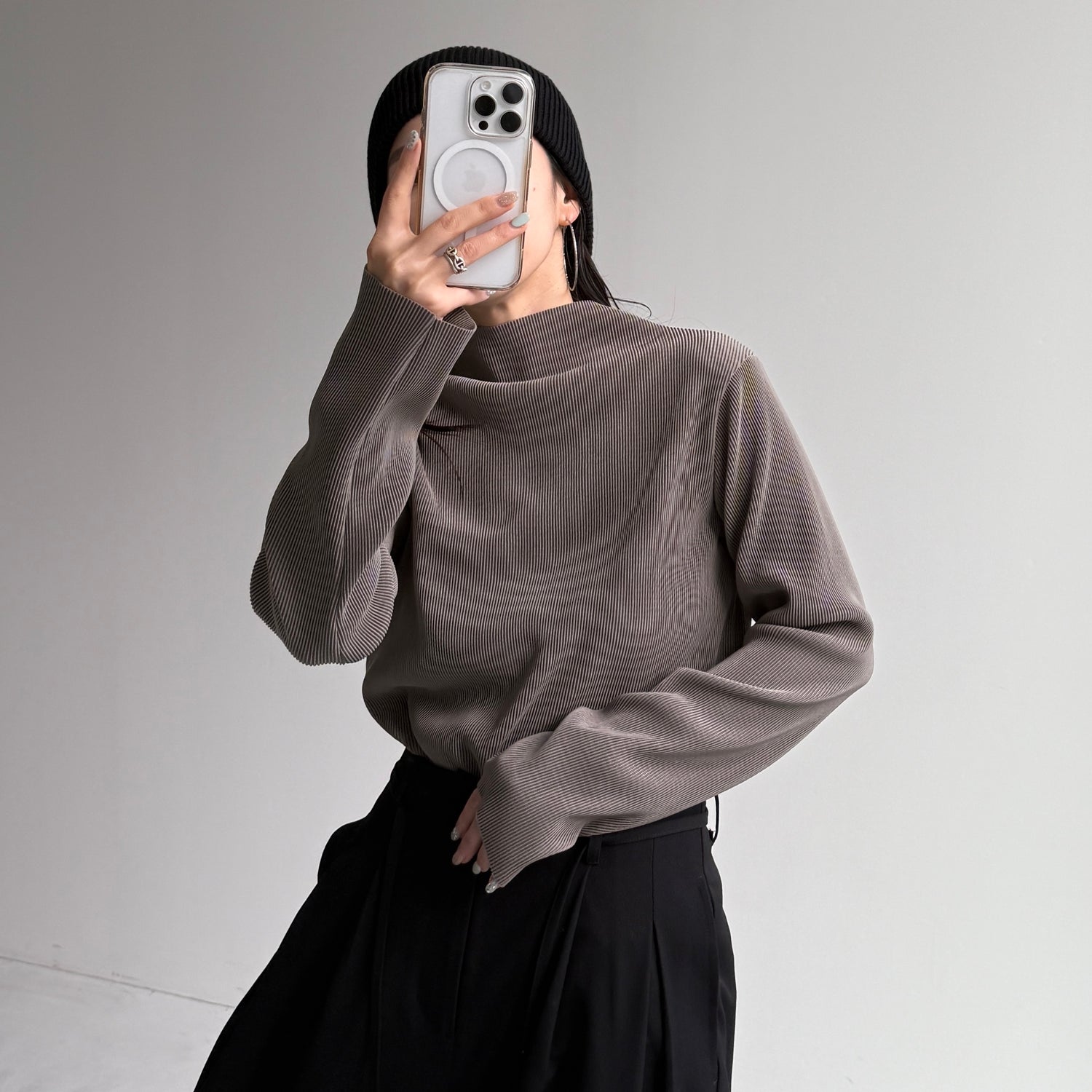 daily daily super stretch pleats tops / ash gray [プチハイ or クルーネック]