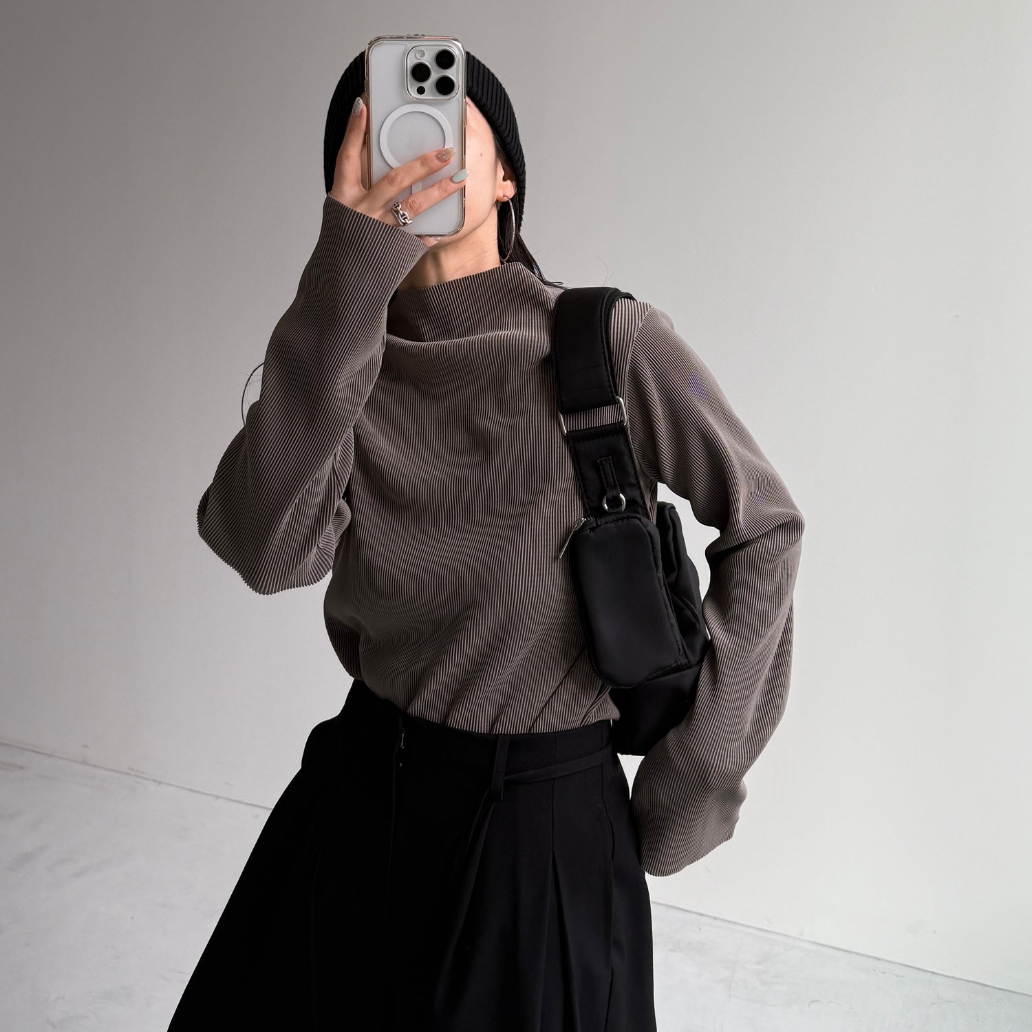daily daily super stretch pleats tops / ash gray [プチハイ or クルーネック]