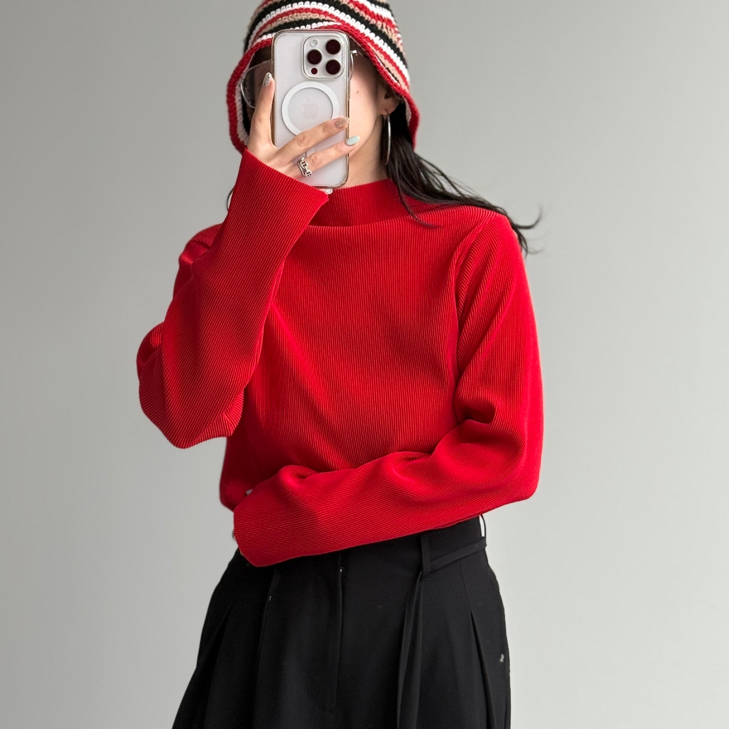 daily daily super stretch pleats tops / red [プチハイ or クルーネック]