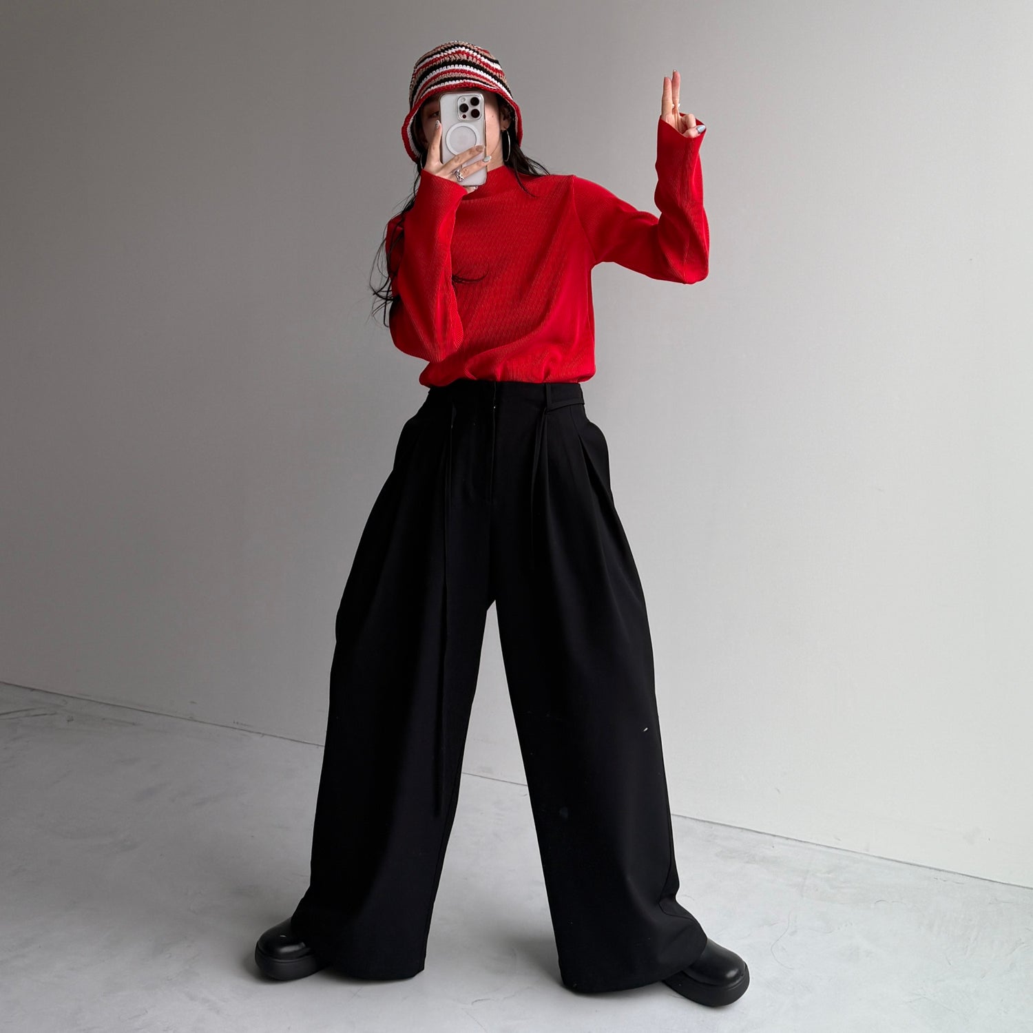 daily daily super stretch pleats tops / red [プチハイ or クルーネック]