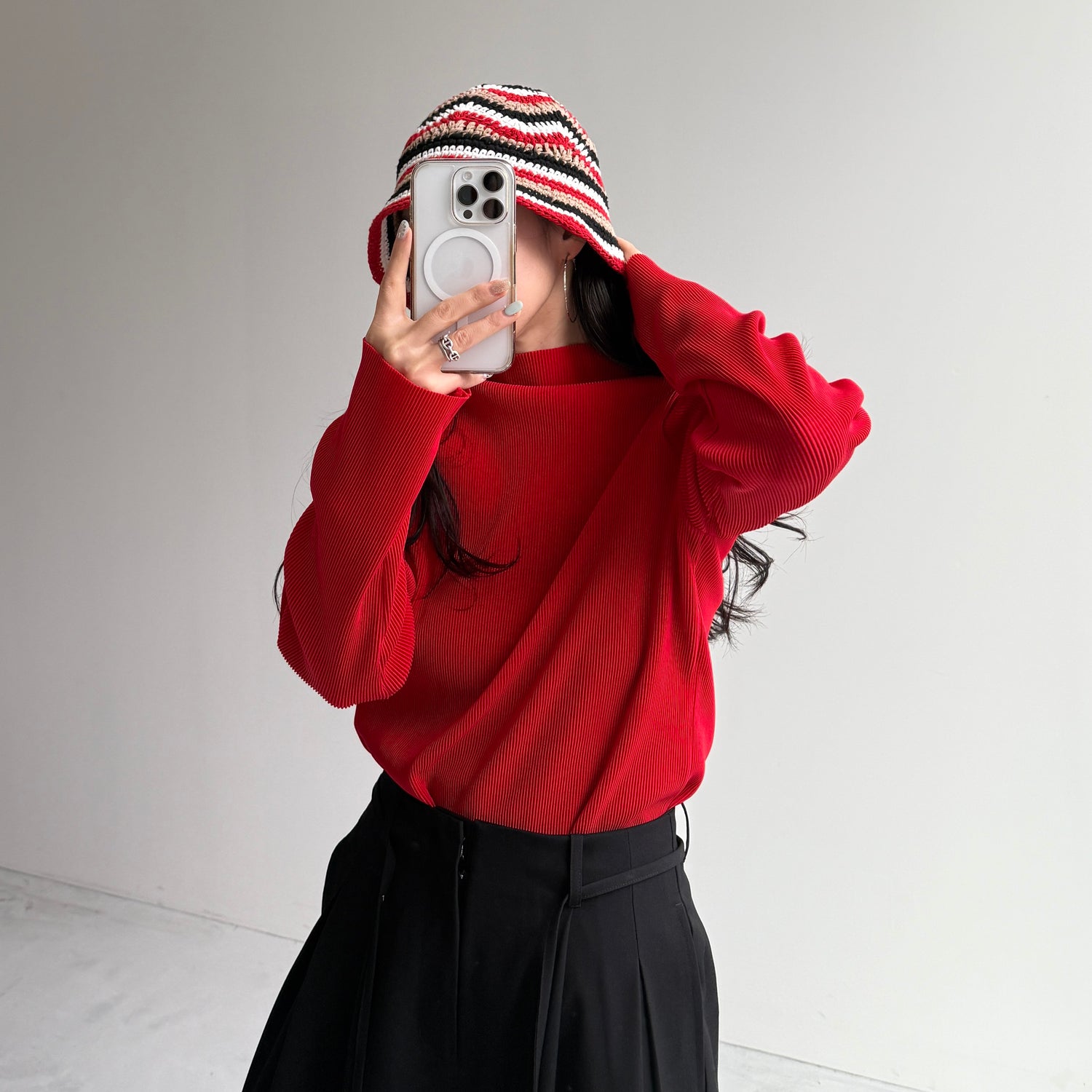 daily daily super stretch pleats tops / red [プチハイ or クルーネック]