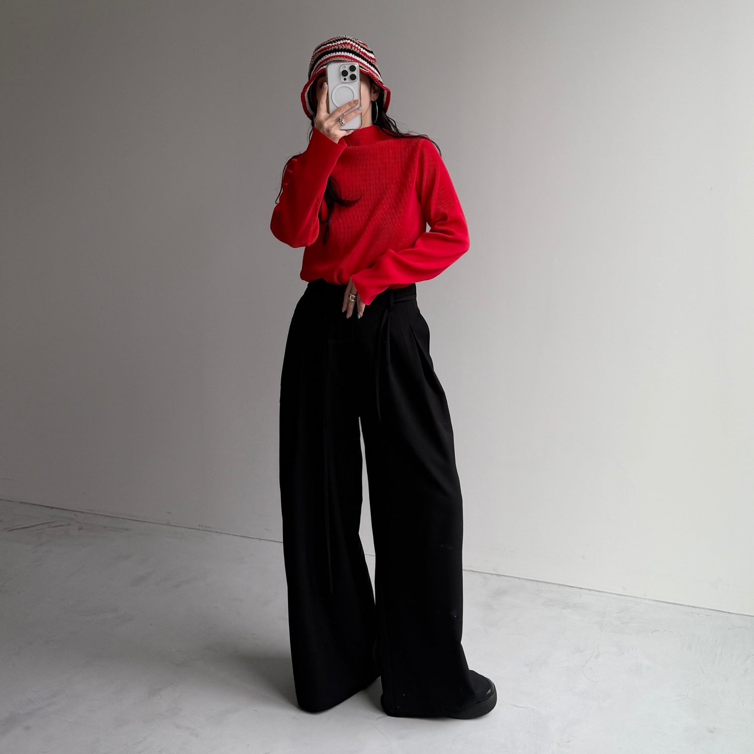 daily daily super stretch pleats tops / red [プチハイ or クルーネック]