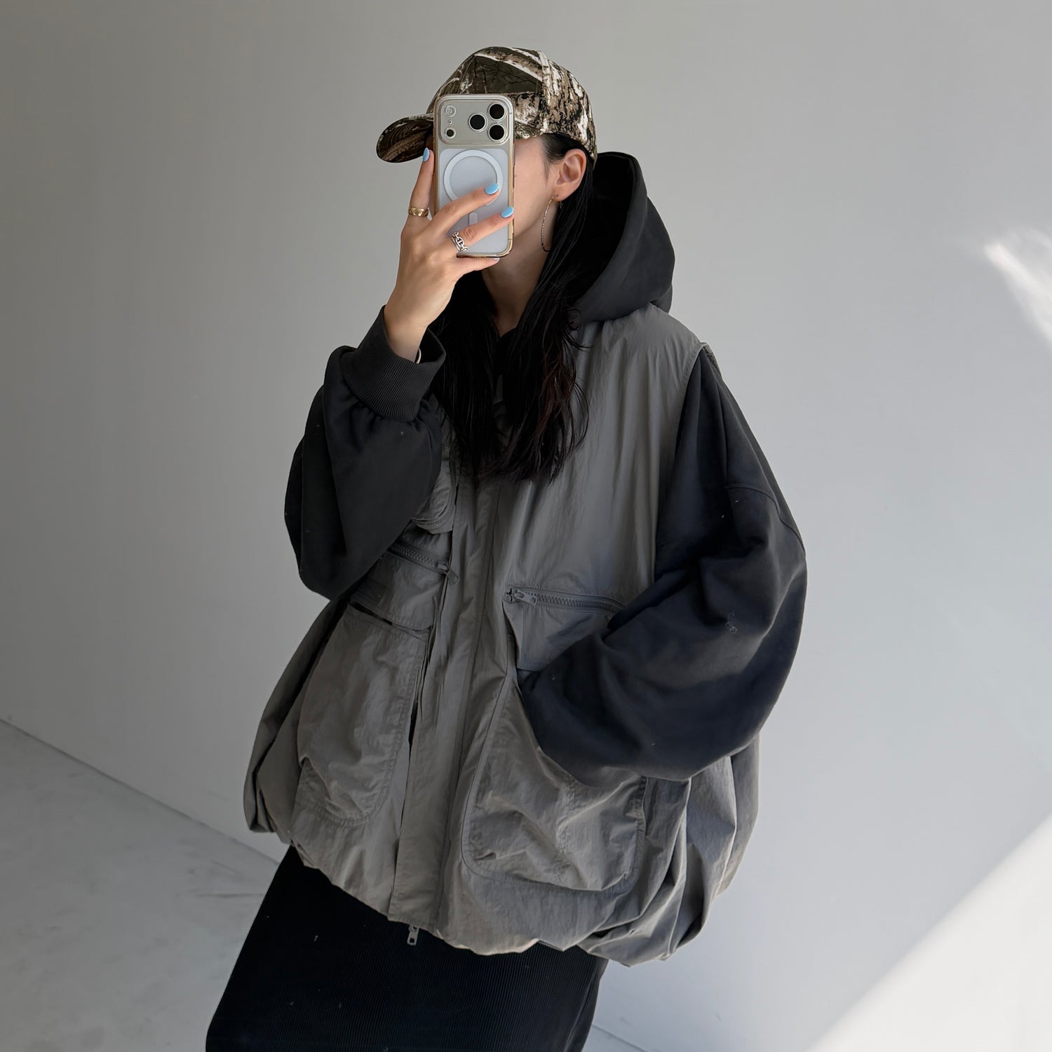 half zip loose hoodie / black