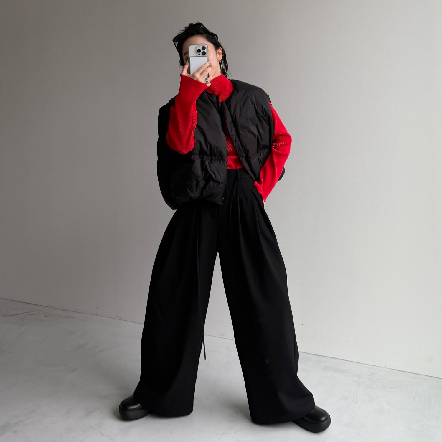 daily daily super stretch pleats tops / red [プチハイ or クルーネック]
