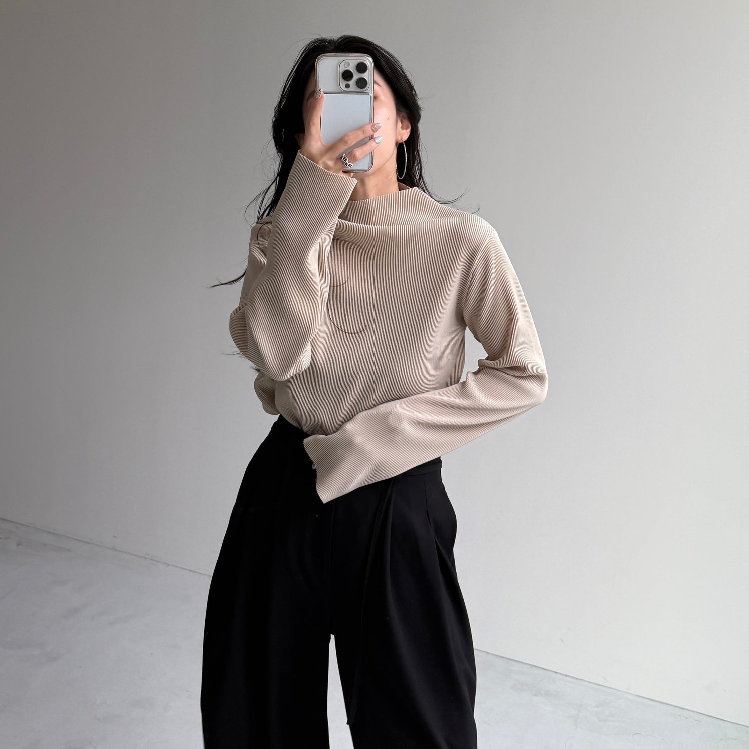 daily daily super stretch pleats tops / ivory [プチハイ or クルーネック]