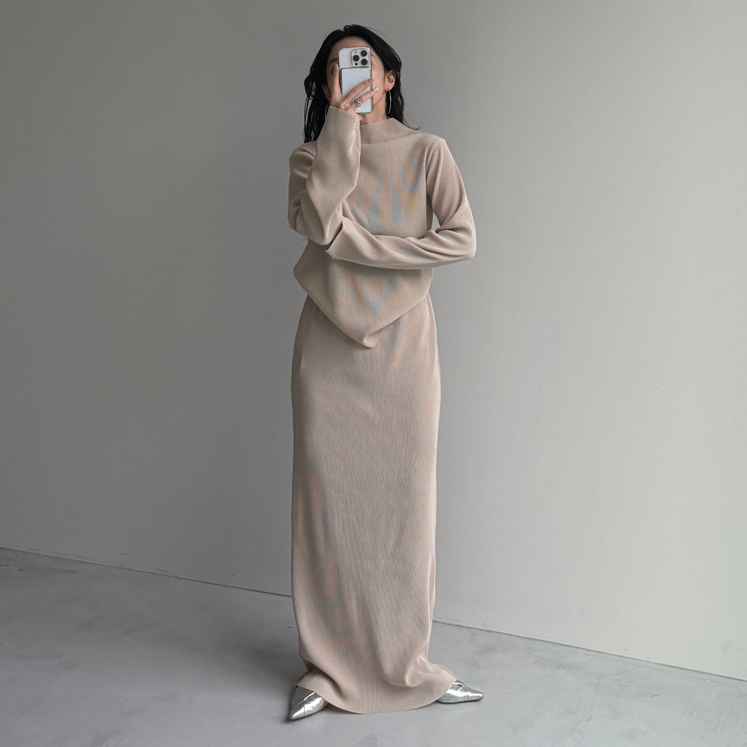daily daily super stretch pleats tops / ivory [プチハイ or クルーネック]