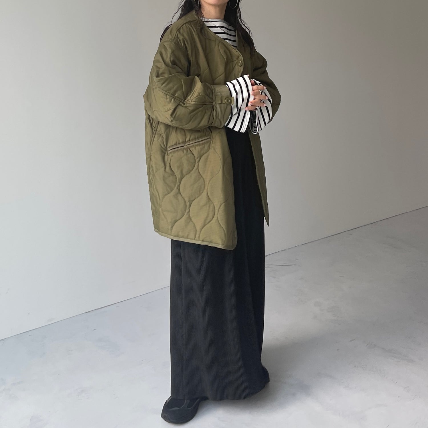 over size quilting liner jacket / khaki [SHORT or FREE]