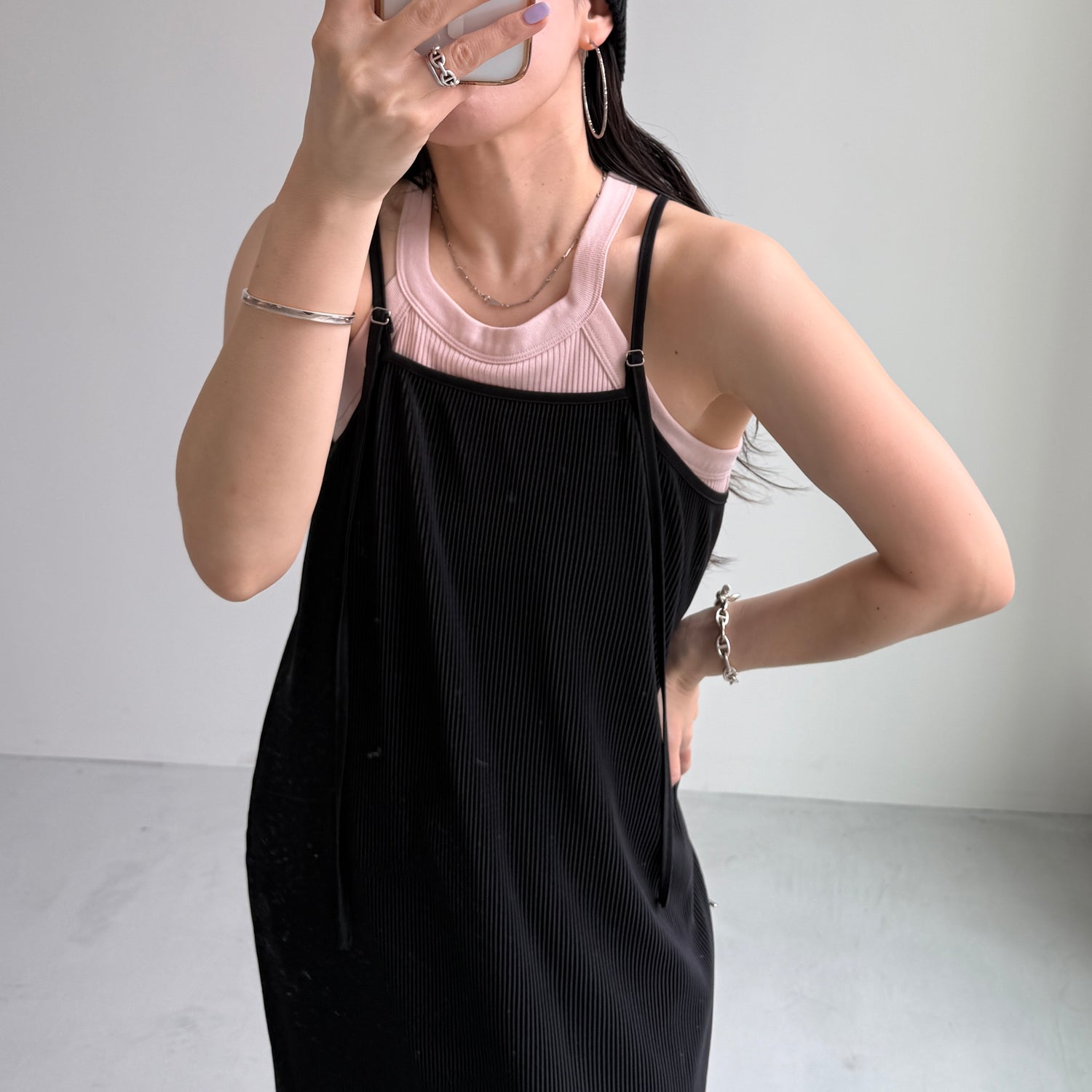 daily daily super stretch pleats cami one piece / black [FREE or LONG]