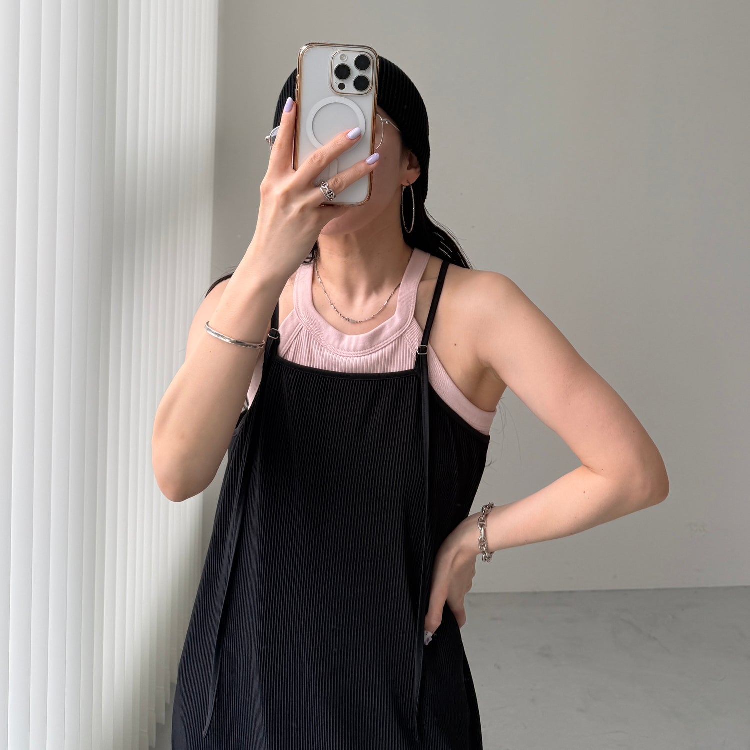 daily daily super stretch pleats cami one piece / black [FREE or LONG]