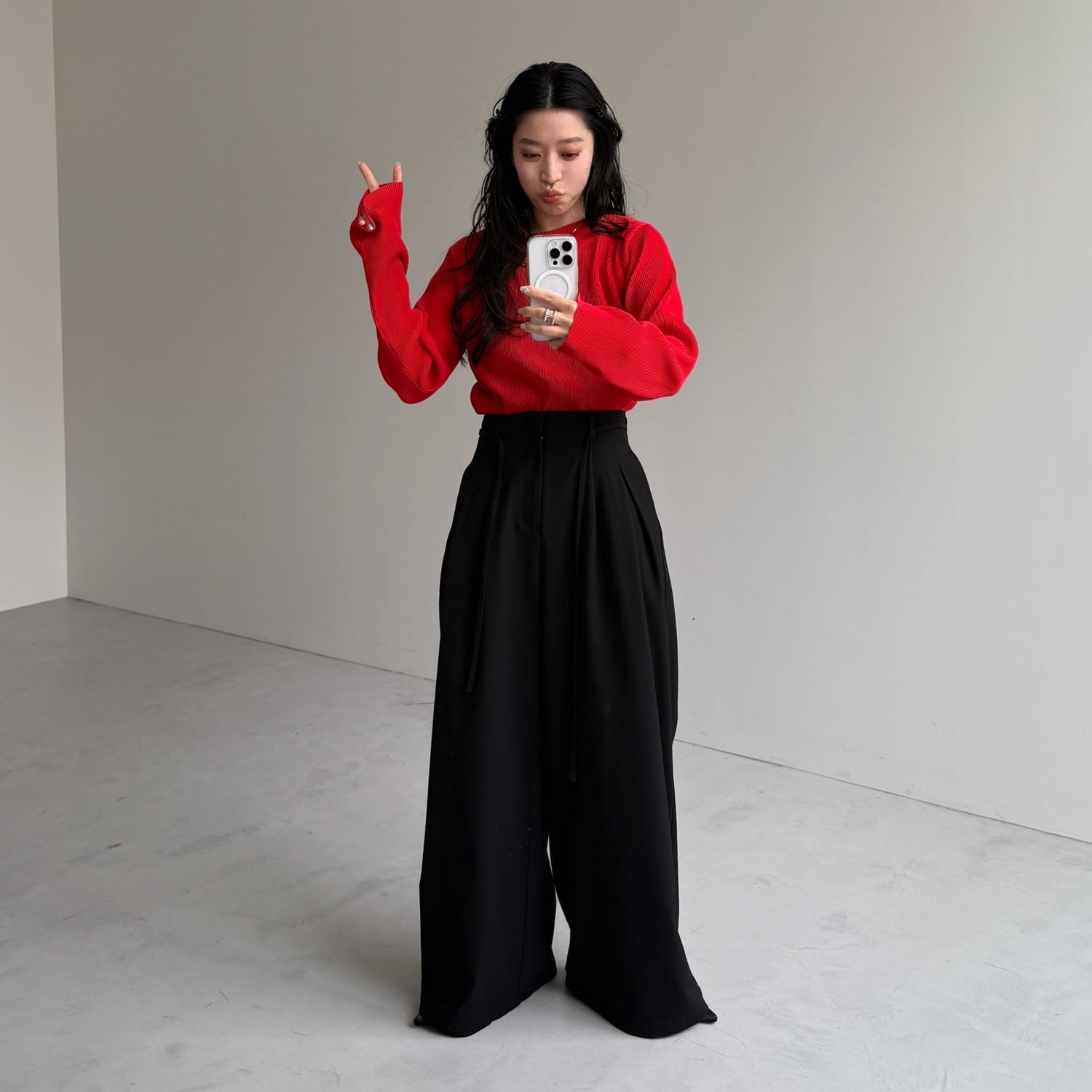 daily daily super stretch pleats tops / red [プチハイ or クルーネック]