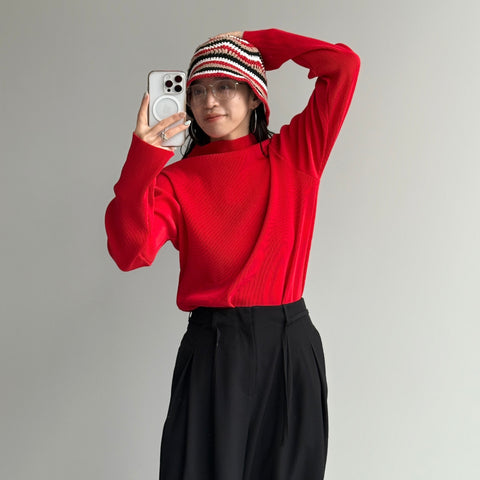 daily daily super stretch pleats tops / red [プチハイ or クルーネック]