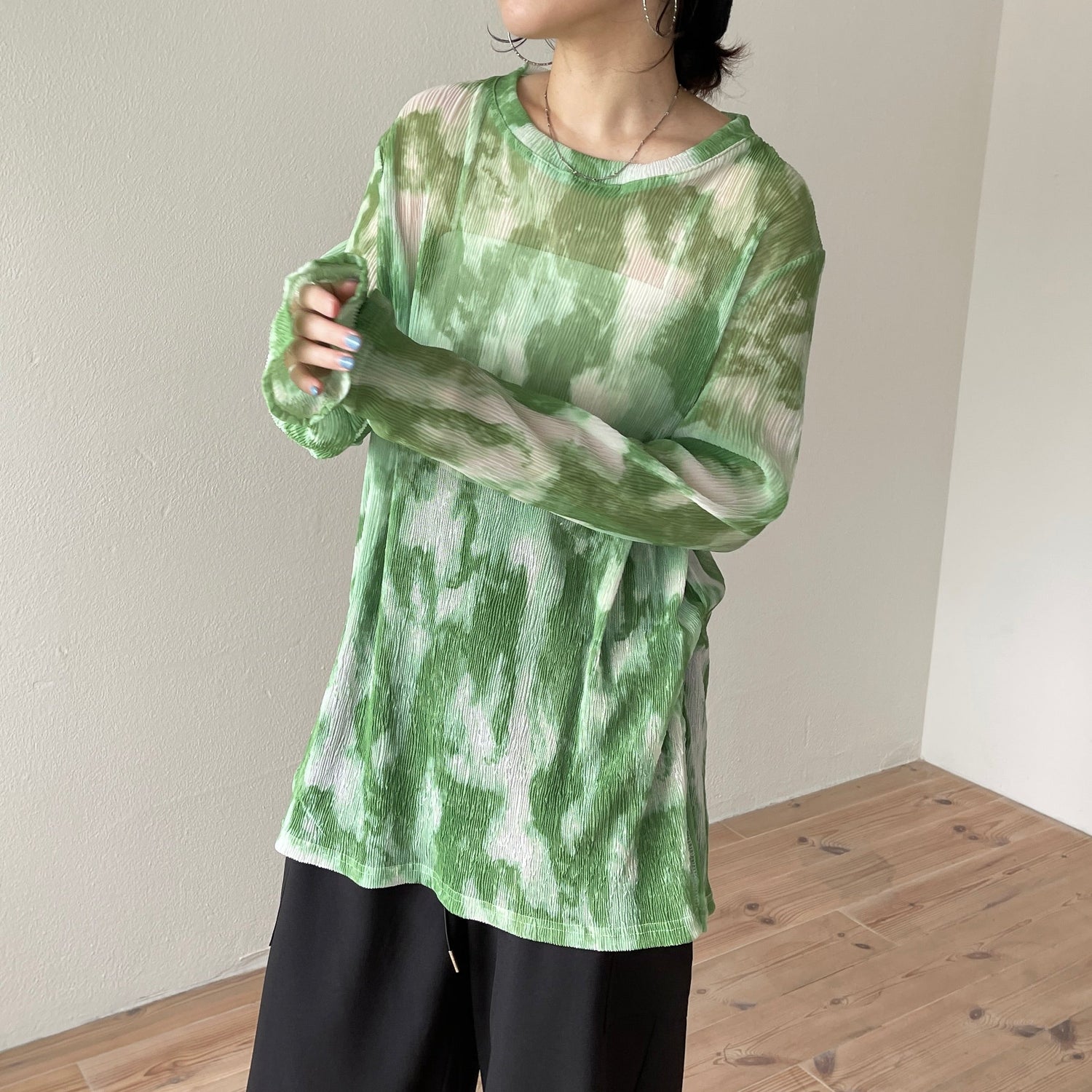 【SAMPLE】shirring tie dye sheer tops / green