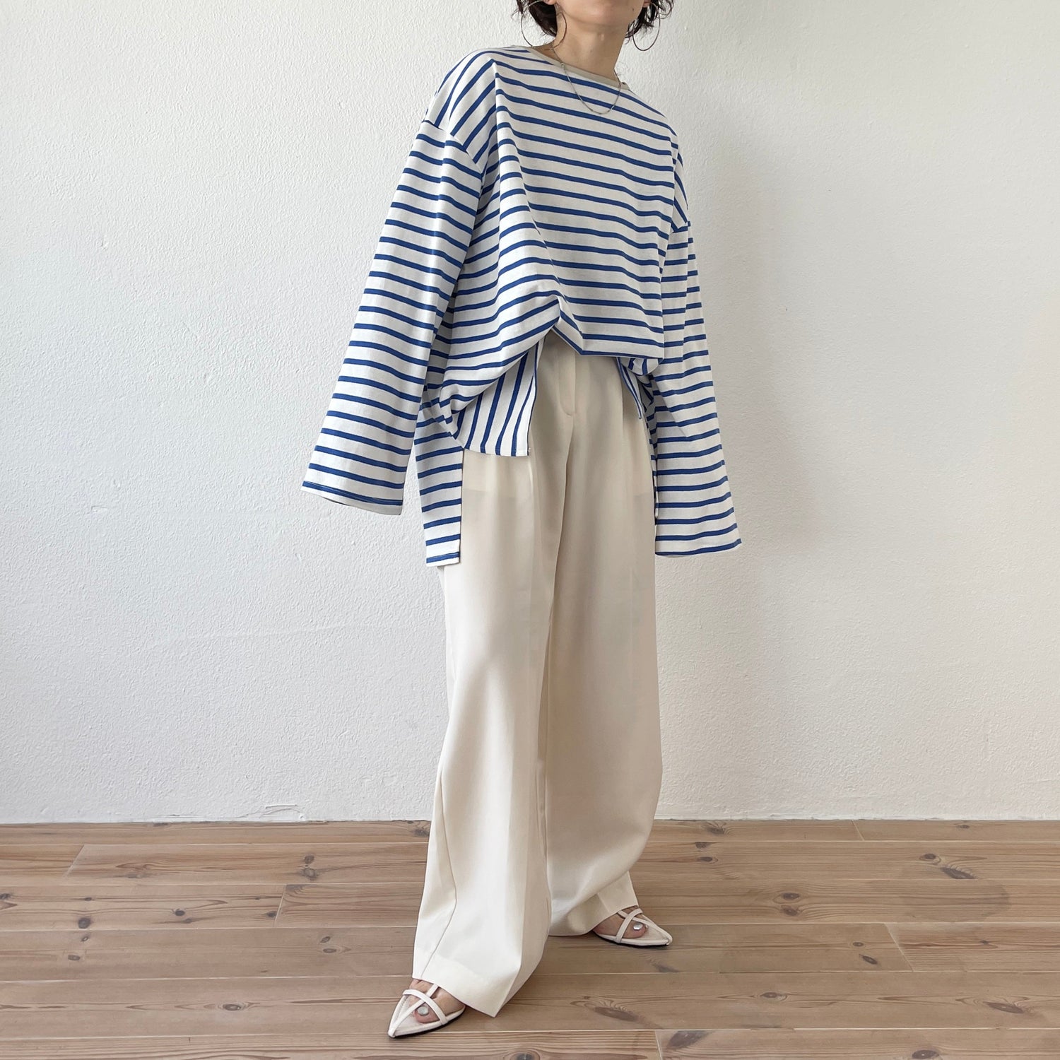 【SAMPLE】wide sleeve over size border tee / blue